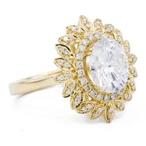 10x8mm Oval Center 14K Yellow Gold Sunburst Halo Ring
