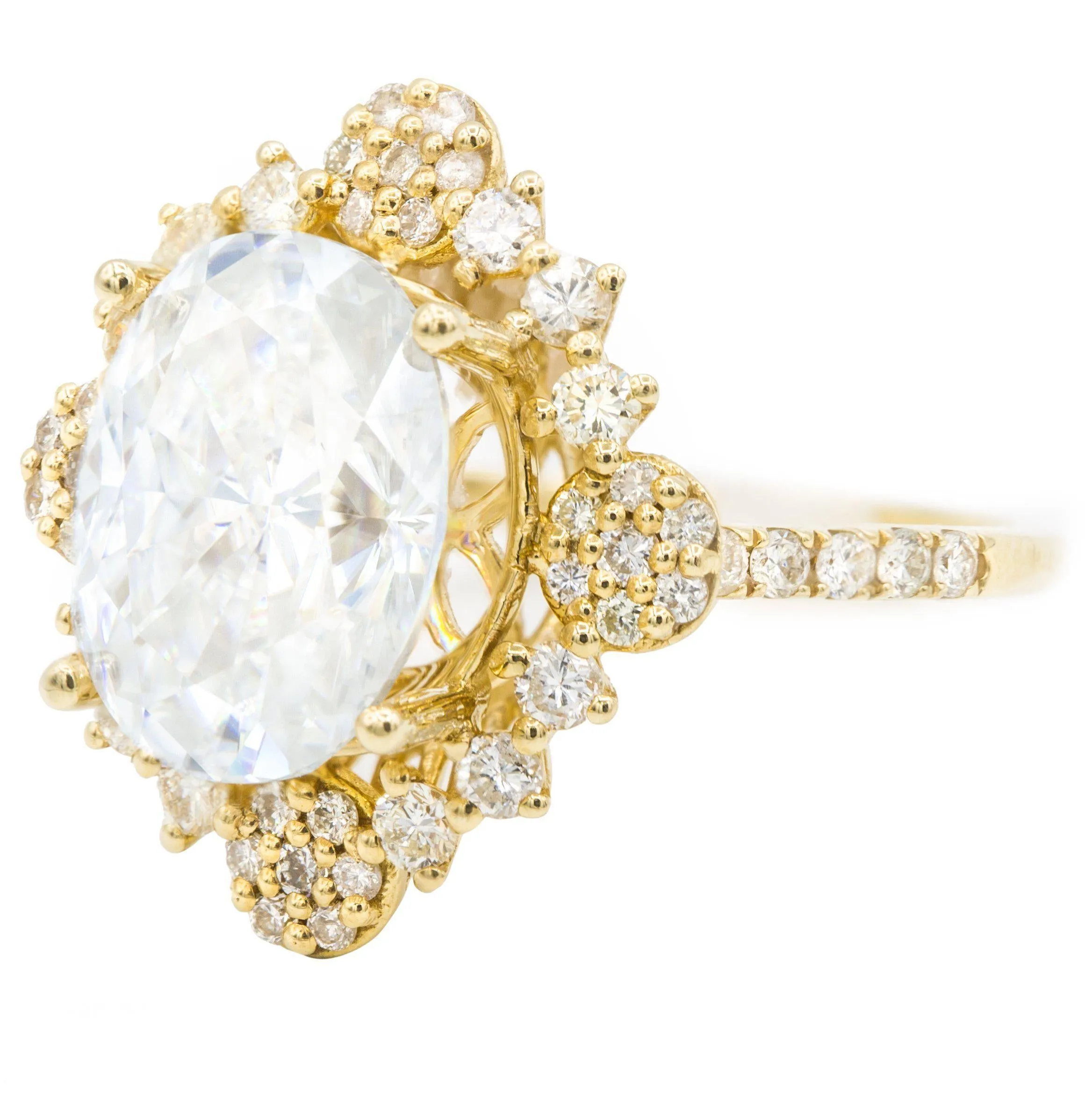 12x10mm Crushed Ice Oval Moissanite 14K Yellow Gold Diamond Decorative Halo Ring
