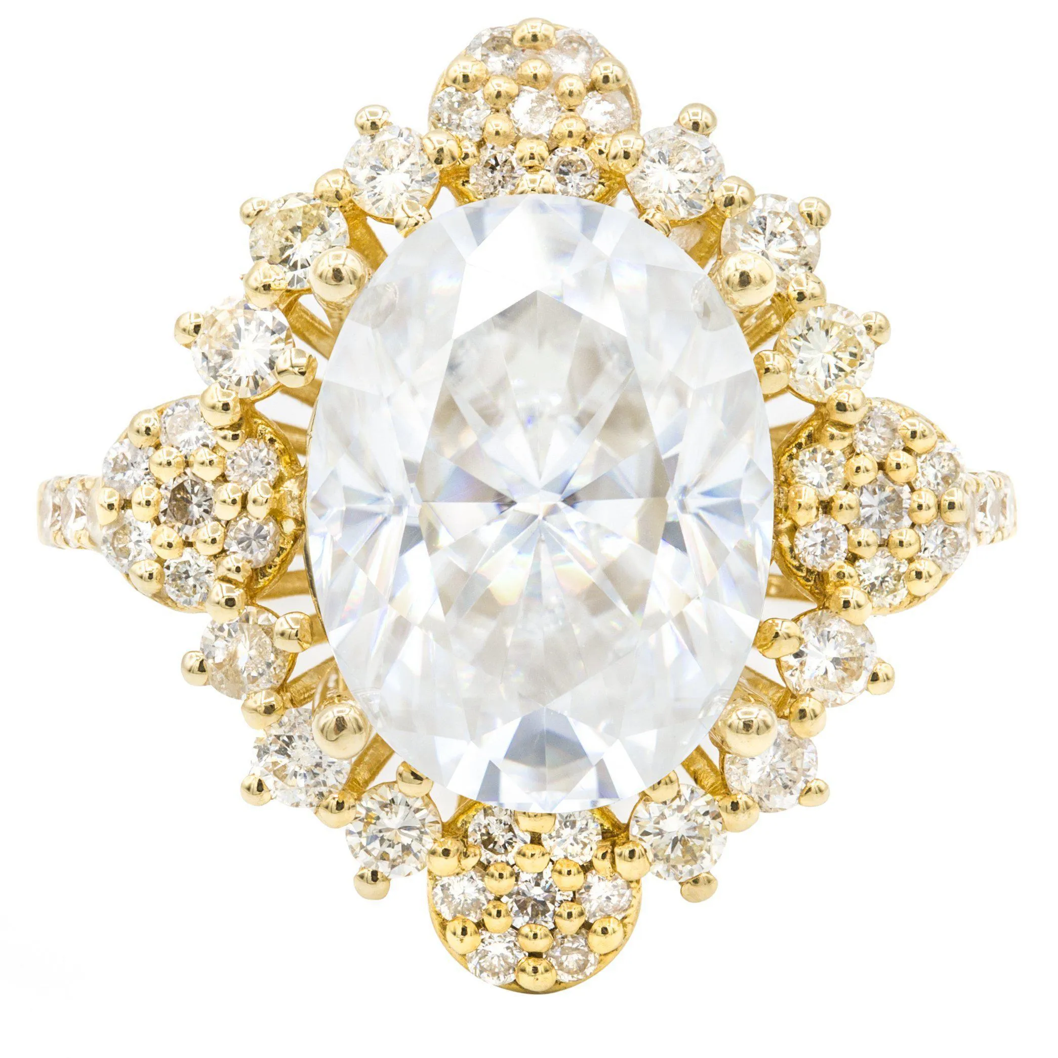 12x10mm Crushed Ice Oval Moissanite 14K Yellow Gold Diamond Decorative Halo Ring