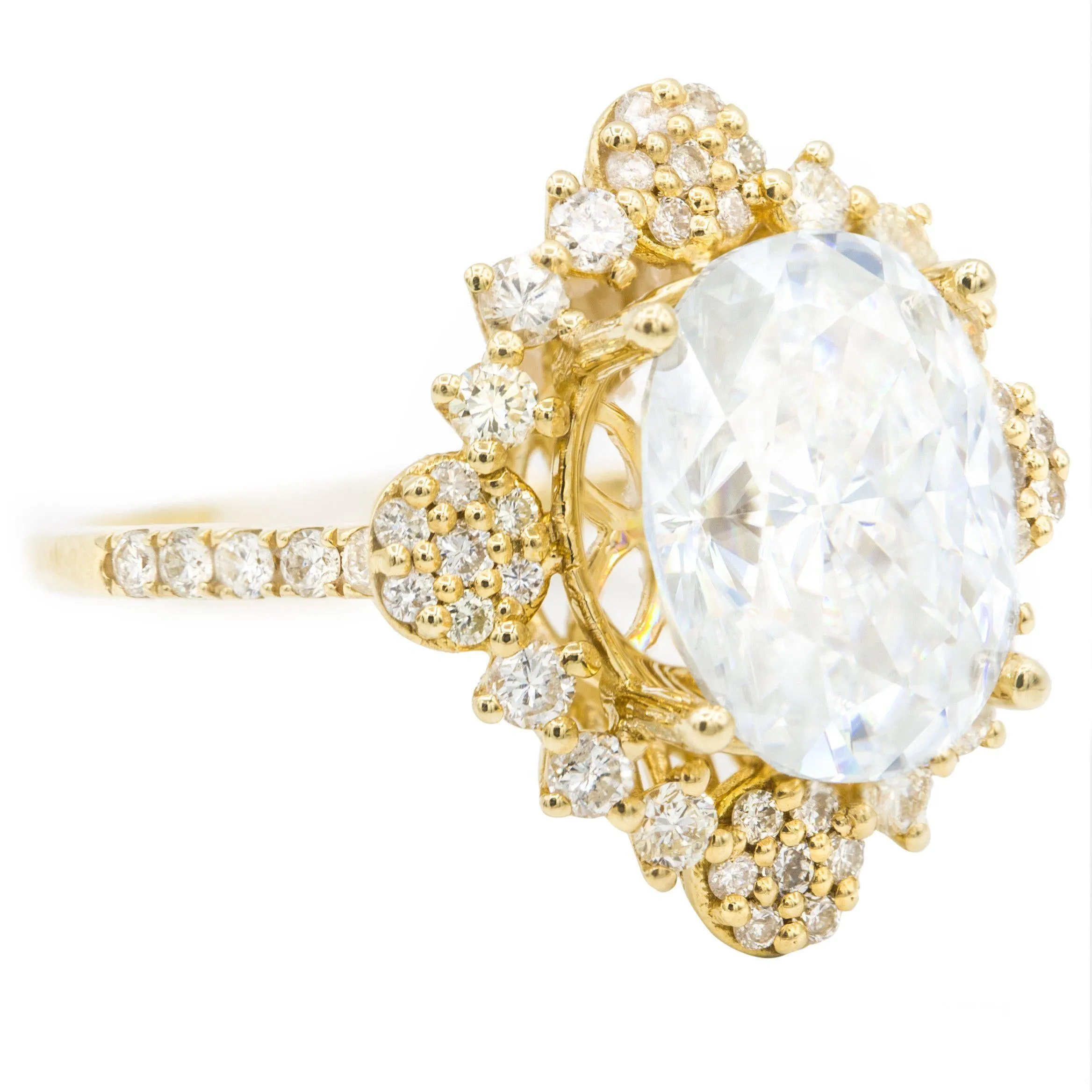 12x10mm Crushed Ice Oval Moissanite 14K Yellow Gold Diamond Decorative Halo Ring