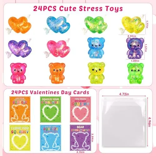 24 Pack Valentines Day Cards For Kids with Stretchy Balls Toys, Valentines Day Cards for Kids School, Kids Classroom Valentines Exchange Gifts, Valentines Party Favors For Kids