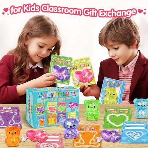 24 Pack Valentines Day Cards For Kids with Stretchy Balls Toys, Valentines Day Cards for Kids School, Kids Classroom Valentines Exchange Gifts, Valentines Party Favors For Kids