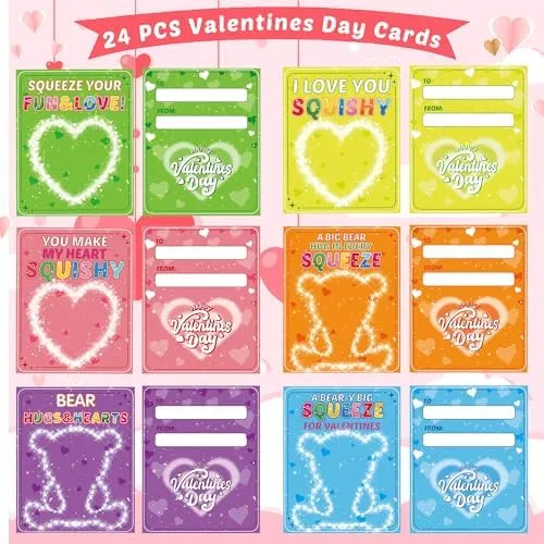 24 Pack Valentines Day Cards For Kids with Stretchy Balls Toys, Valentines Day Cards for Kids School, Kids Classroom Valentines Exchange Gifts, Valentines Party Favors For Kids