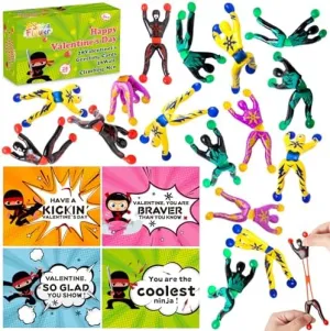 28 Packs Valentines Day Cards for Kids with Sticky Wall Climbing Men Ninja Set for Classroom,Valentine's Gifts Exchange For School, Valentine's Party Favors for Kids, Valentine's Prizes for Boys Girls