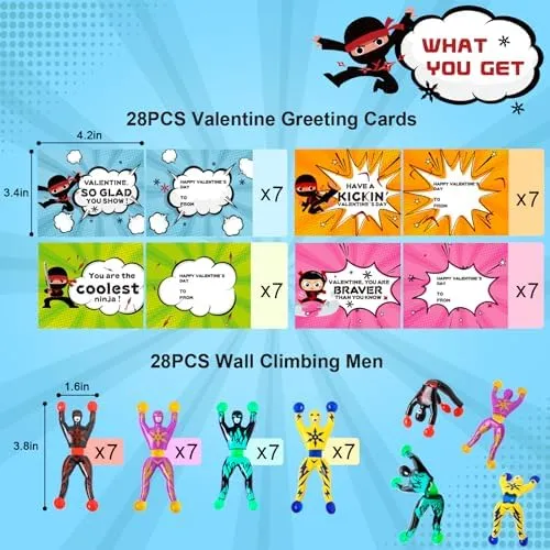 28 Packs Valentines Day Cards for Kids with Sticky Wall Climbing Men Ninja Set for Classroom,Valentine's Gifts Exchange For School, Valentine's Party Favors for Kids, Valentine's Prizes for Boys Girls