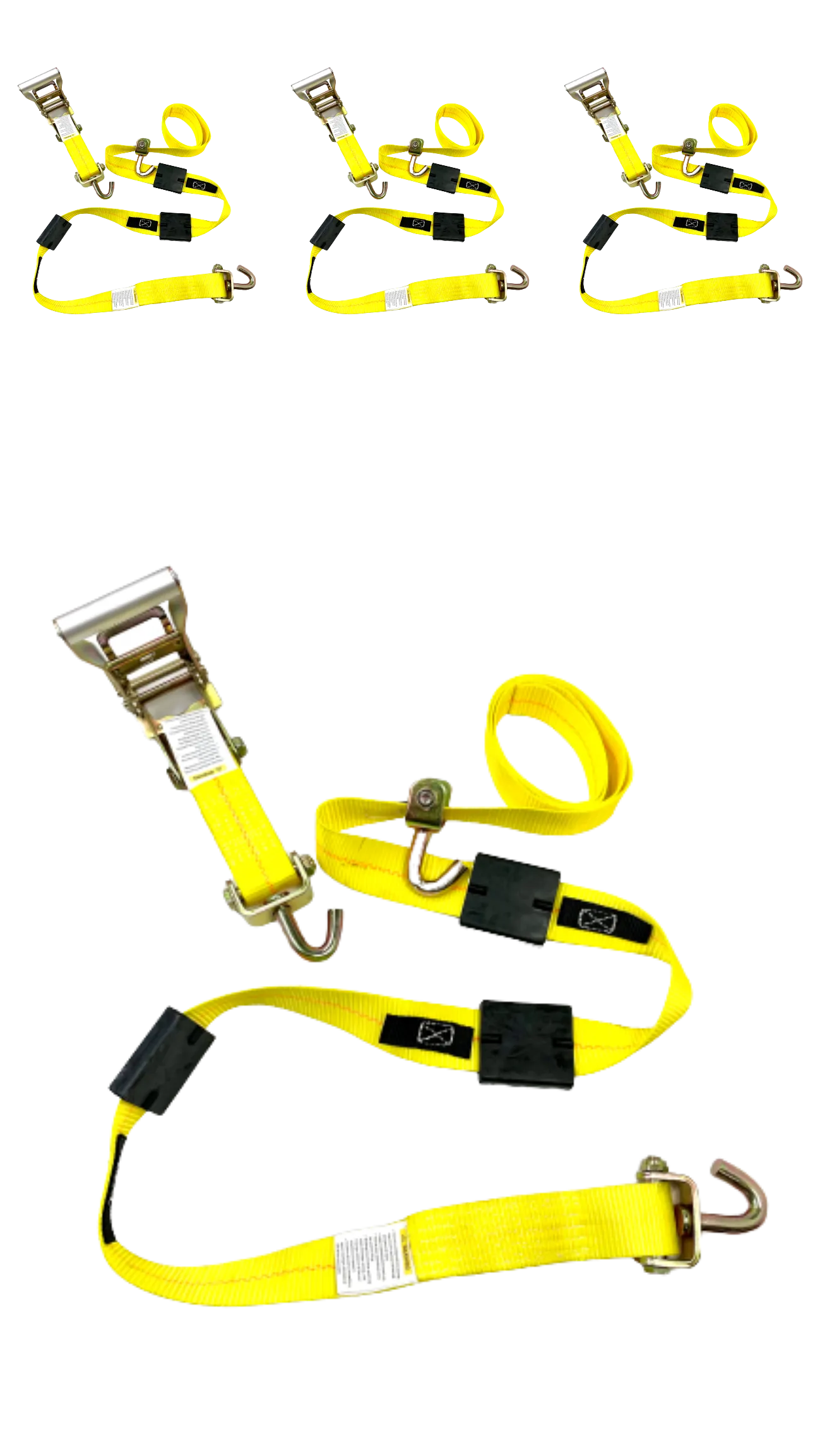 2" x 11' Yellow Ratchet 3 Point Wheel Strap with 3 Rubber Tread Grabs (Swivel J) | Pack of 4
