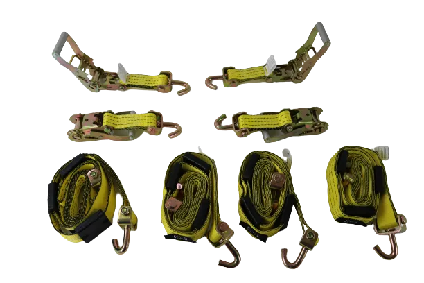 2" x 11' Yellow Tecnic Ratchet 3 Point Wheel Strap with 3 Rubber Tread Grabs (Swivel J) | Pack of 4