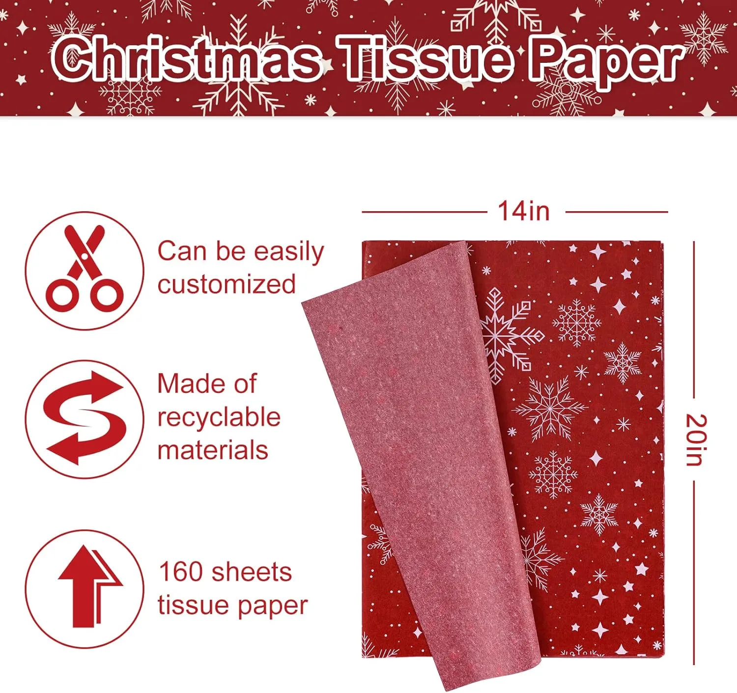 64 Sheets Christmas Tissue Paper Vintage Snowflake Gift Wrapping Paper 14" X 20"