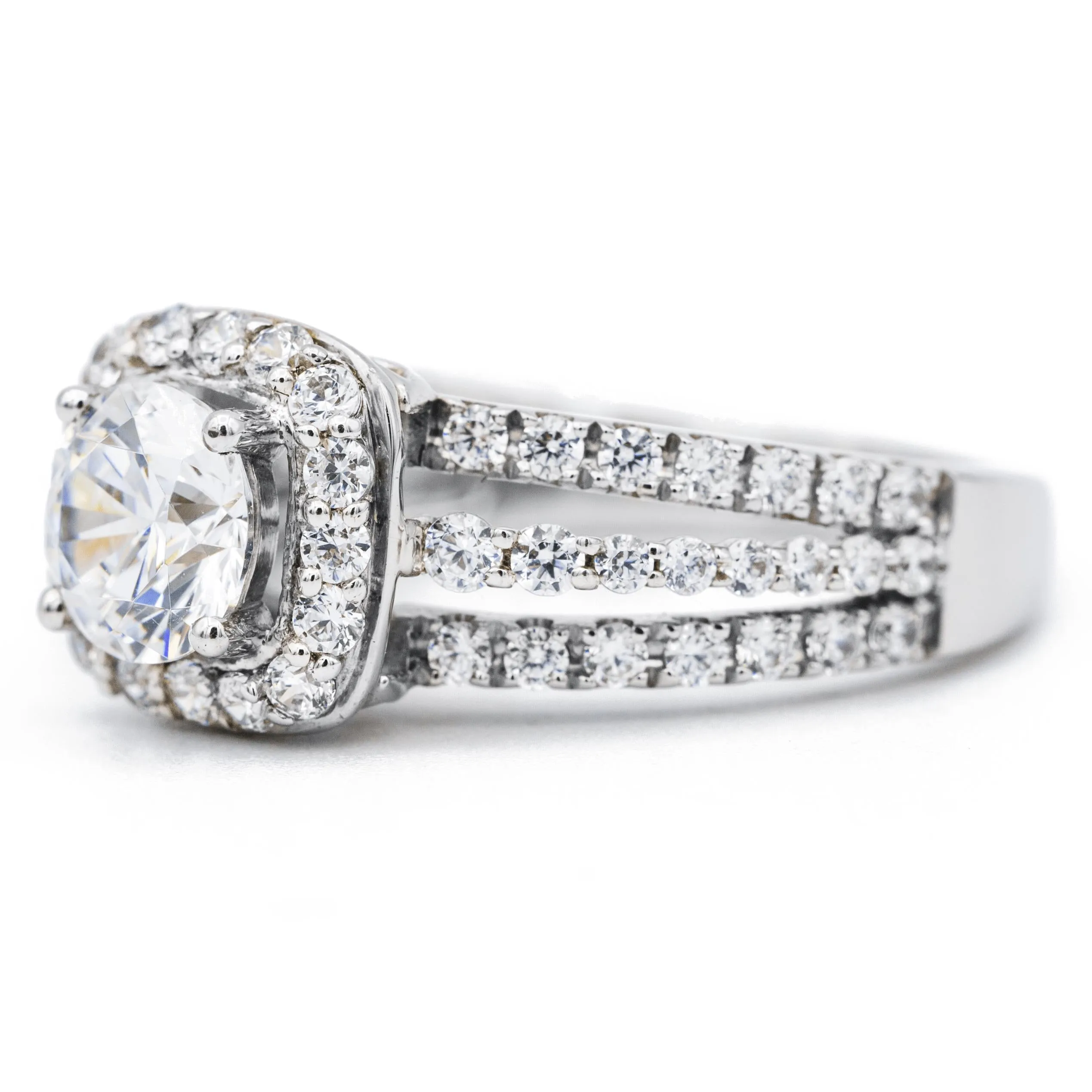 6.5mm Round Center 14K White Gold Diamond 4 Prong Cushion Halo Triple Diamond Row Ring
