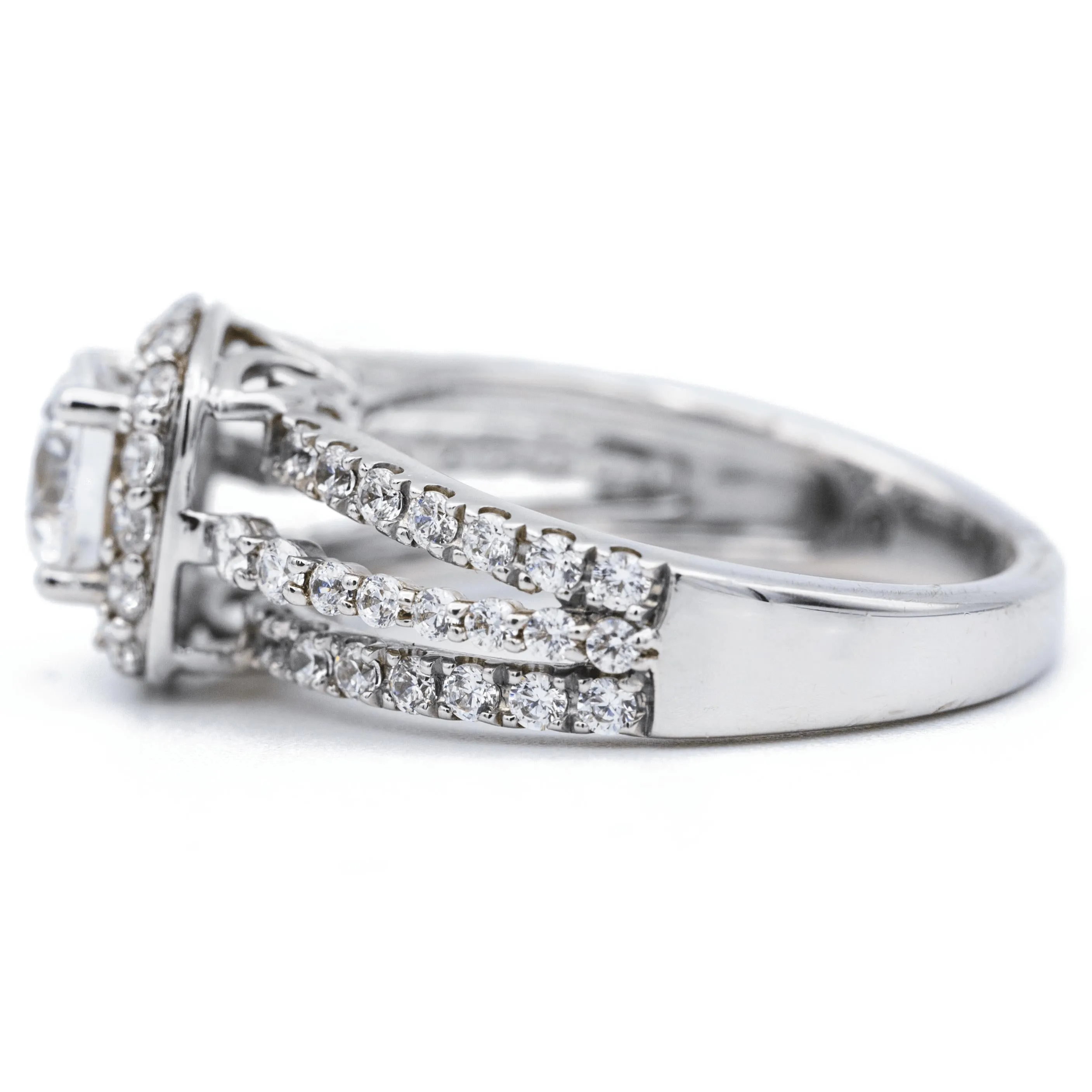 6.5mm Round Center 14K White Gold Diamond 4 Prong Cushion Halo Triple Diamond Row Ring