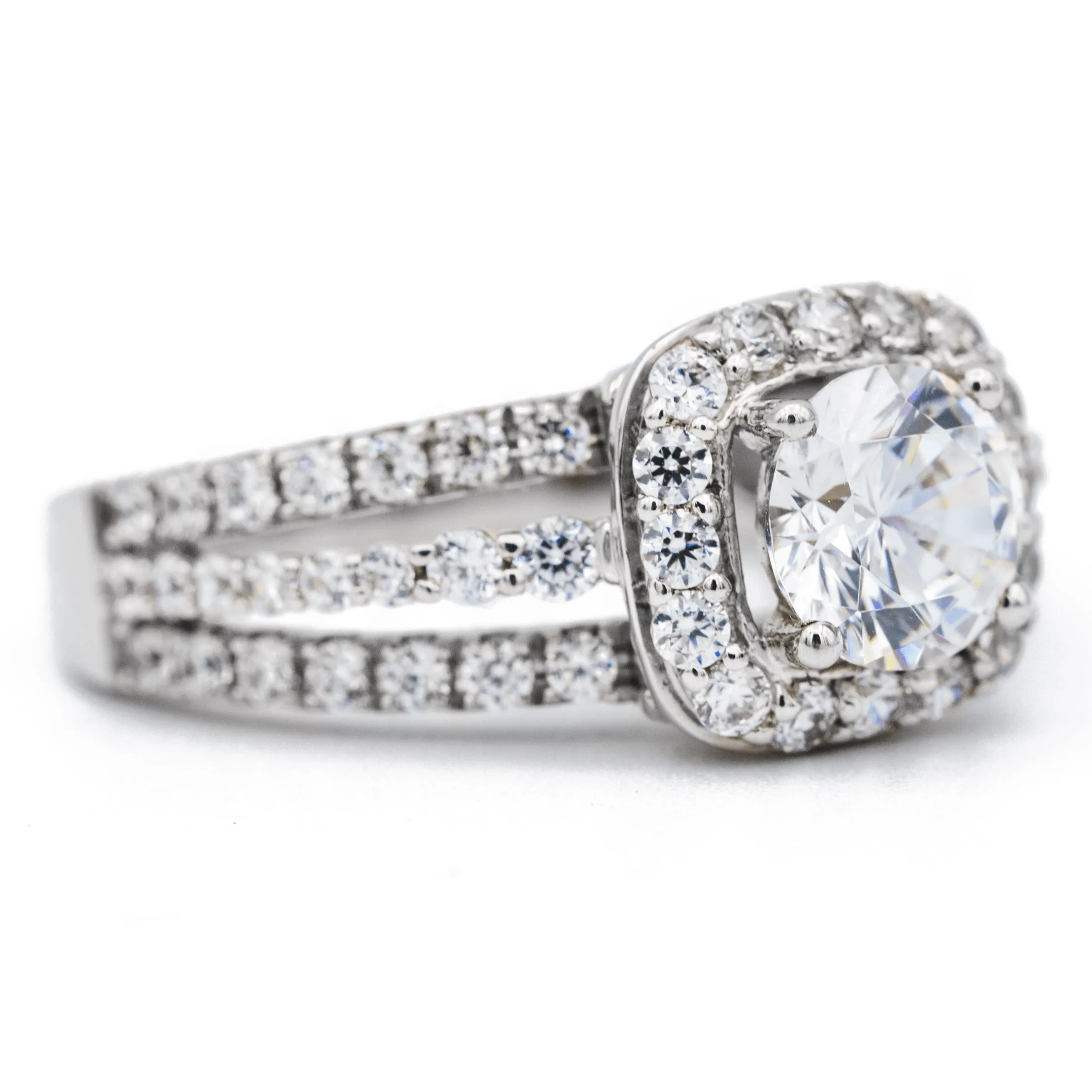 6.5mm Round Center 14K White Gold Diamond 4 Prong Cushion Halo Triple Diamond Row Ring