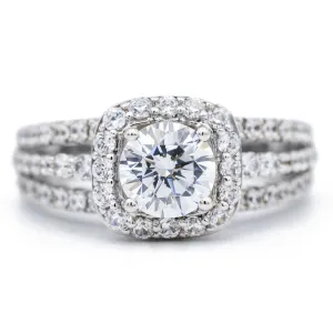 6.5mm Round Center 14K White Gold Diamond 4 Prong Cushion Halo Triple Diamond Row Ring