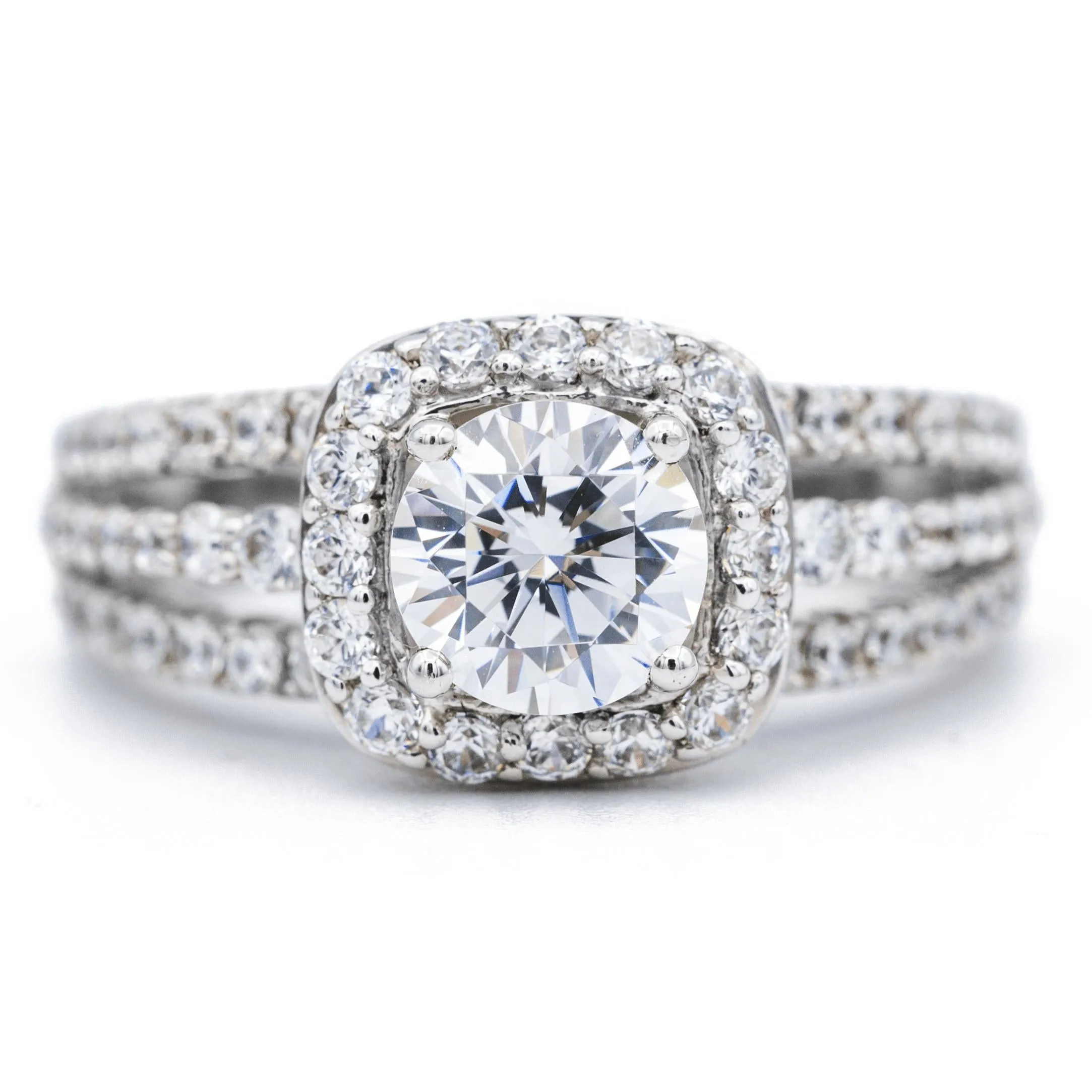 6.5mm Round Center 14K White Gold Diamond 4 Prong Cushion Halo Triple Diamond Row Ring