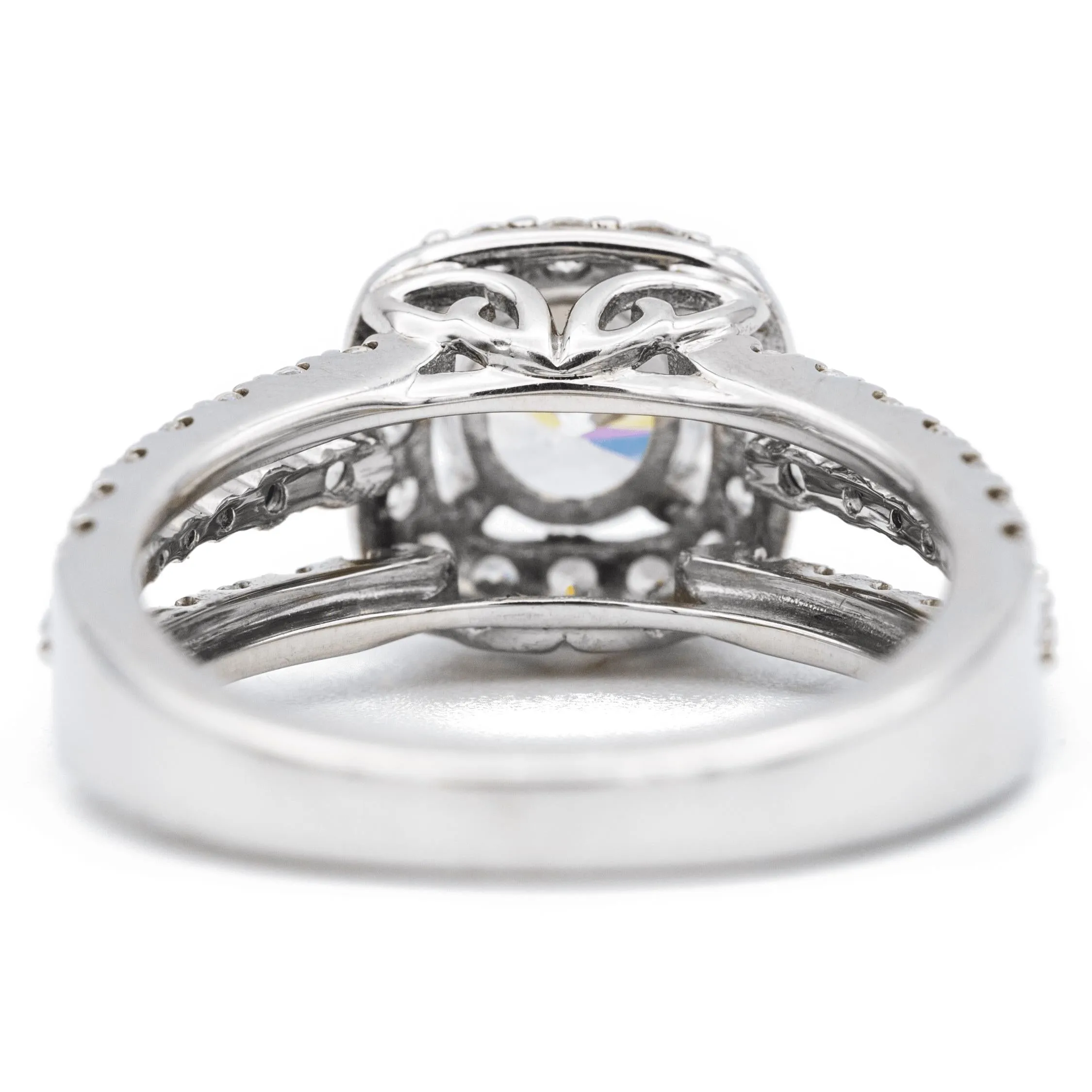 6.5mm Round Center 14K White Gold Diamond 4 Prong Cushion Halo Triple Diamond Row Ring
