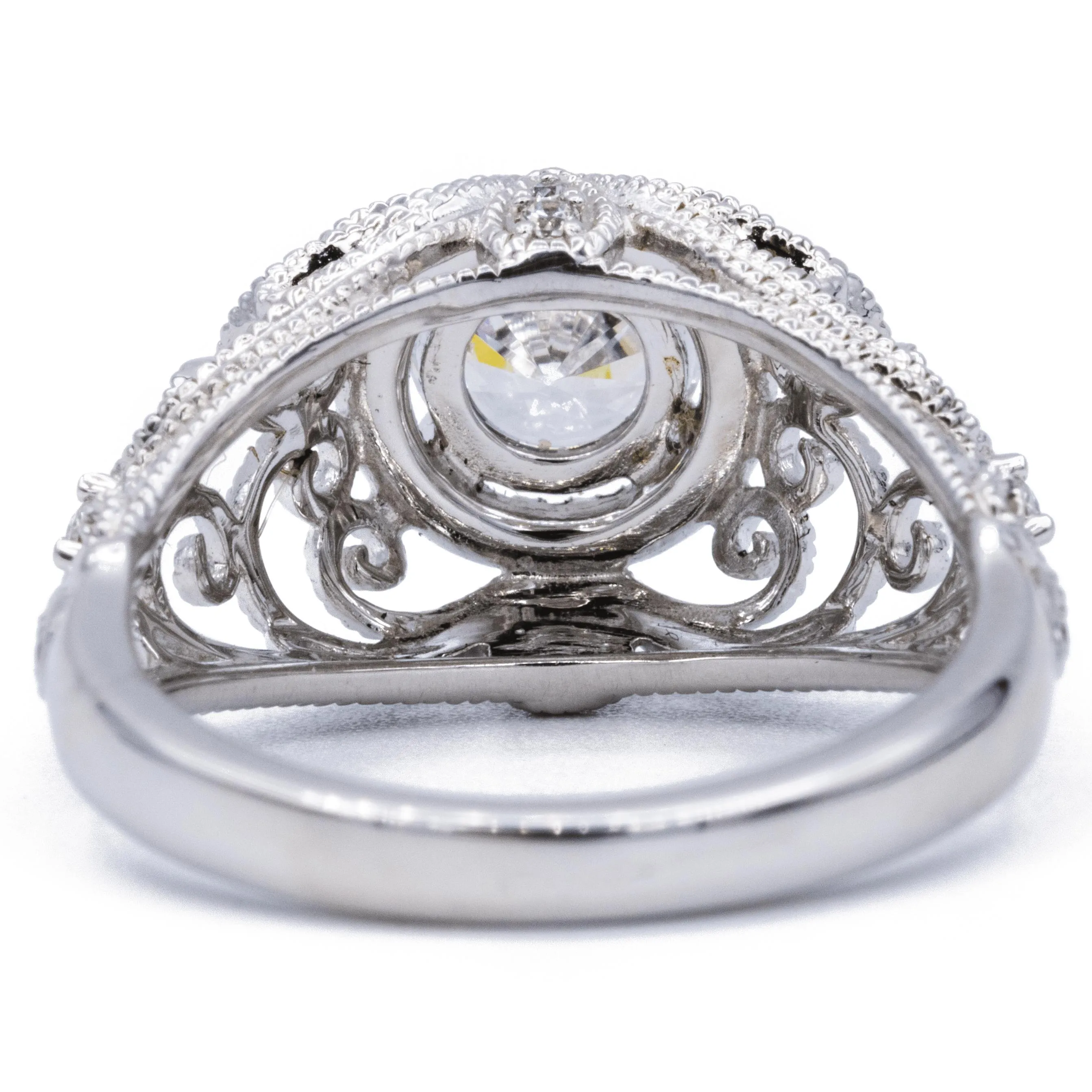 6.5mm Round Center 14K White Solid Gold Diamond Halo Milgrain Design Ring