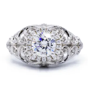 6.5mm Round Center 14K White Solid Gold Diamond Halo Milgrain Design Ring