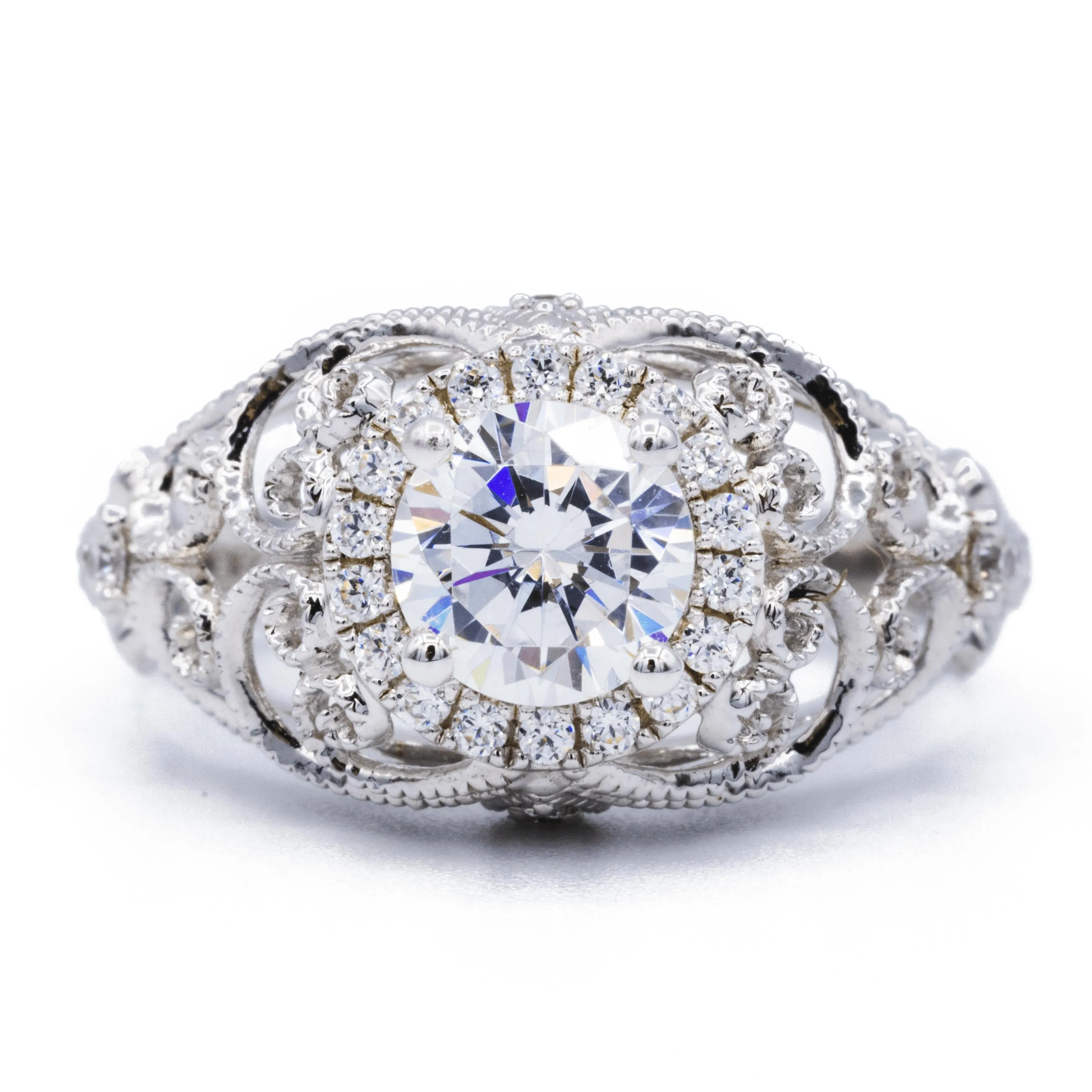 6.5mm Round Center 14K White Solid Gold Diamond Halo Milgrain Design Ring