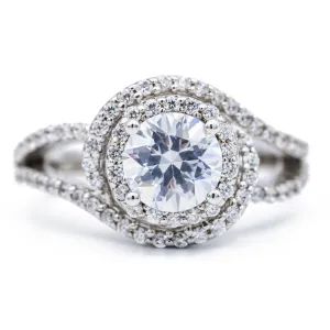6.5mm Round Center 14K White Solid Gold Halo Bypass Diamond Shank Design Ring