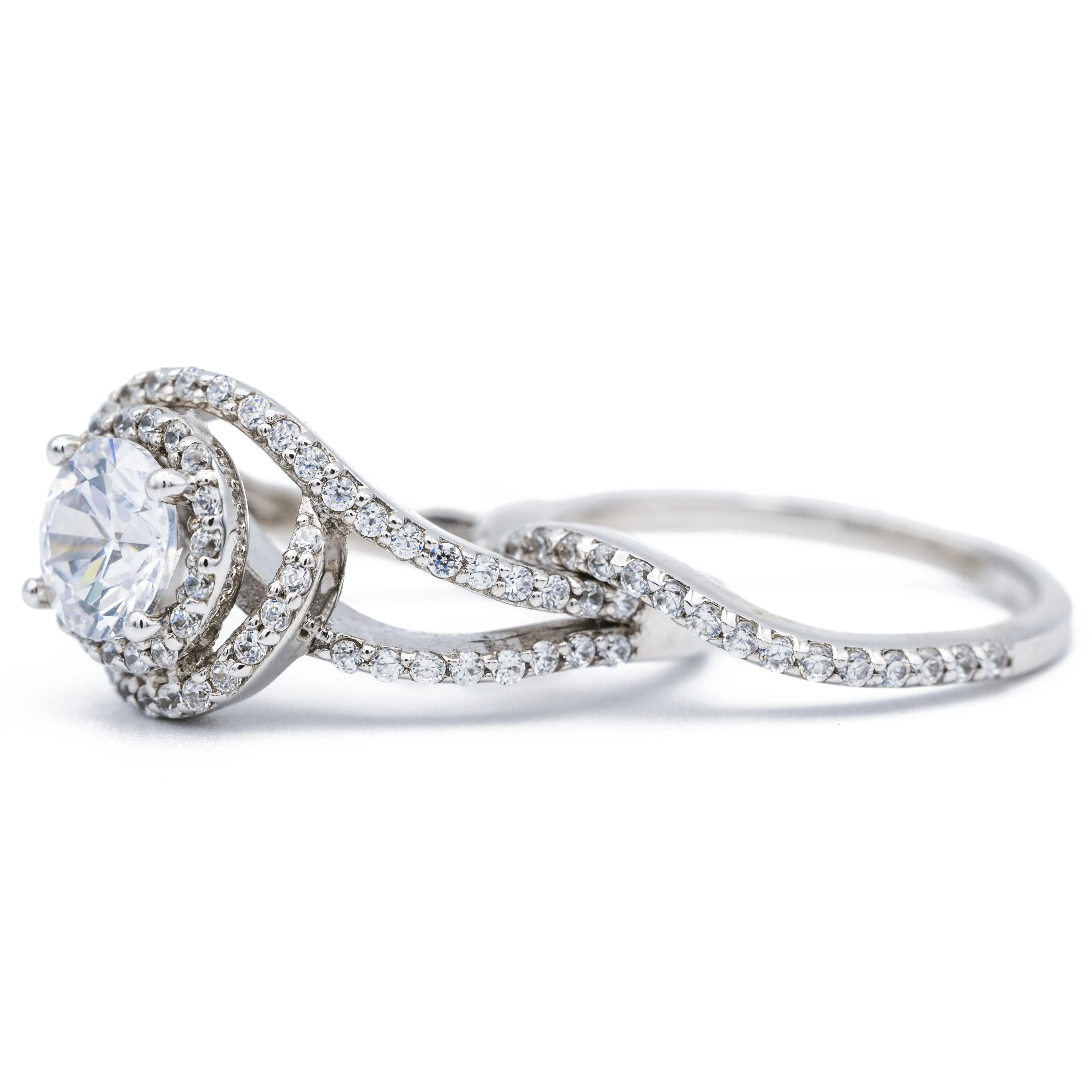 6.5mm Round Center 14K White Solid Gold Halo Bypass Diamond Shank Design Ring