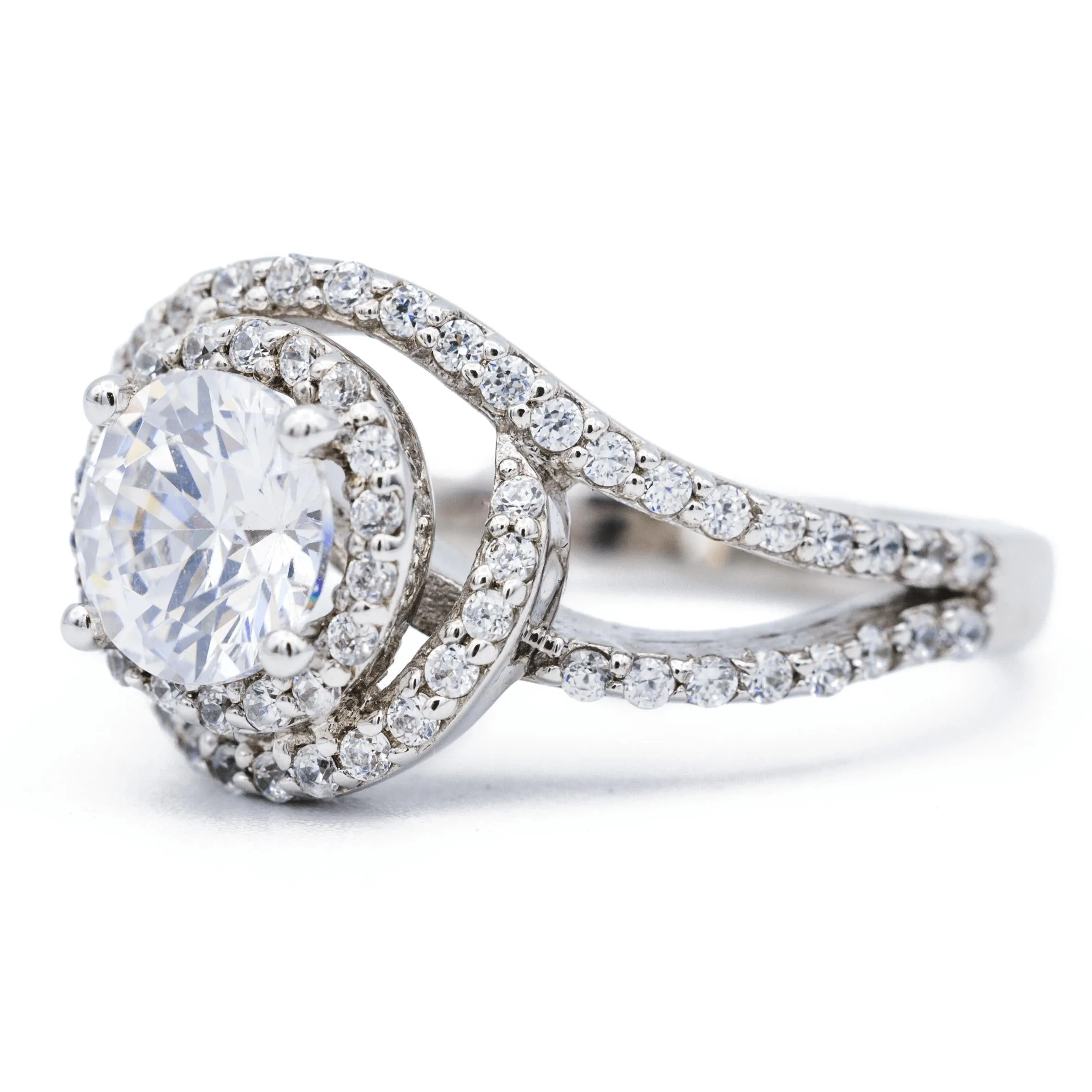 6.5mm Round Center 14K White Solid Gold Halo Bypass Diamond Shank Design Ring