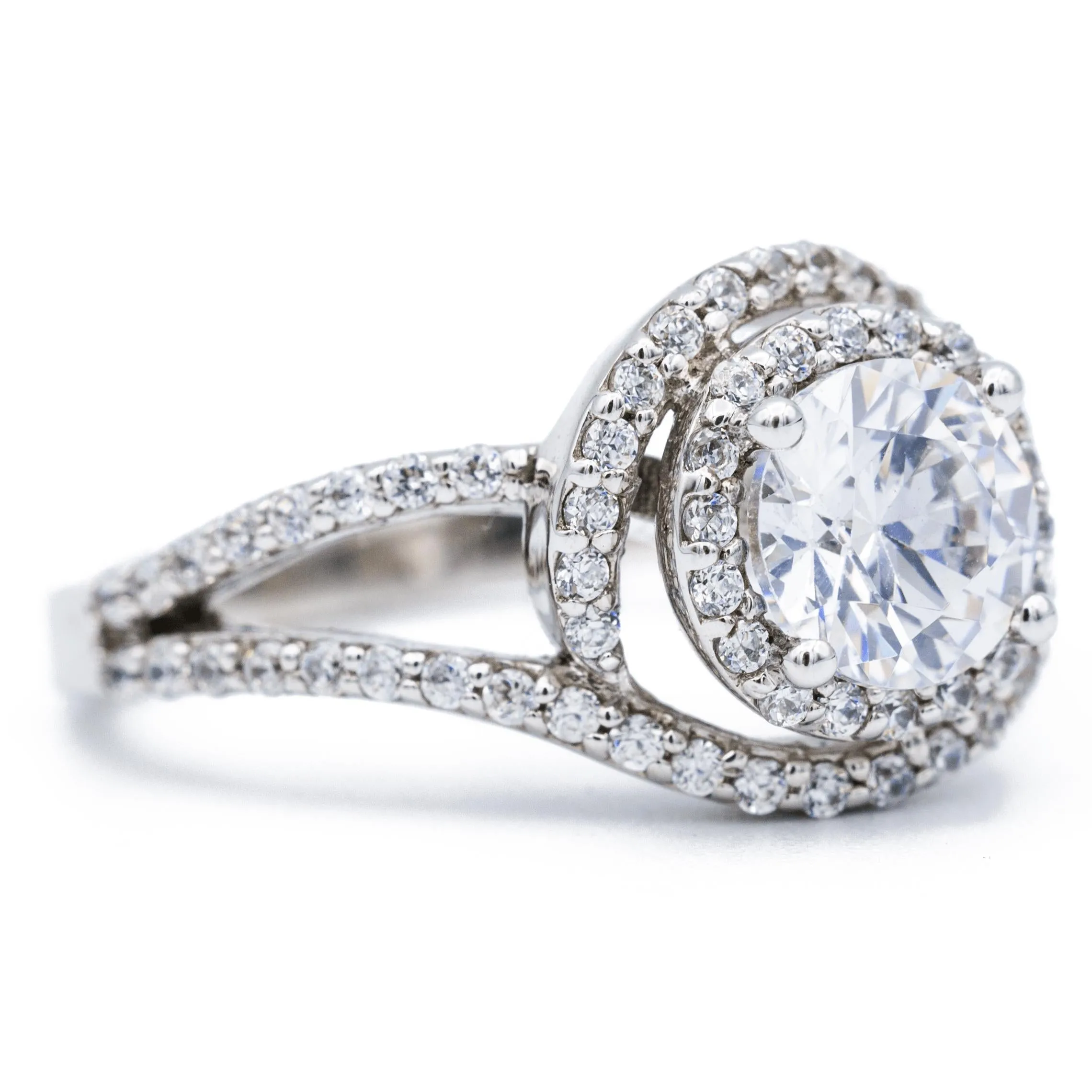6.5mm Round Center 14K White Solid Gold Halo Bypass Diamond Shank Design Ring