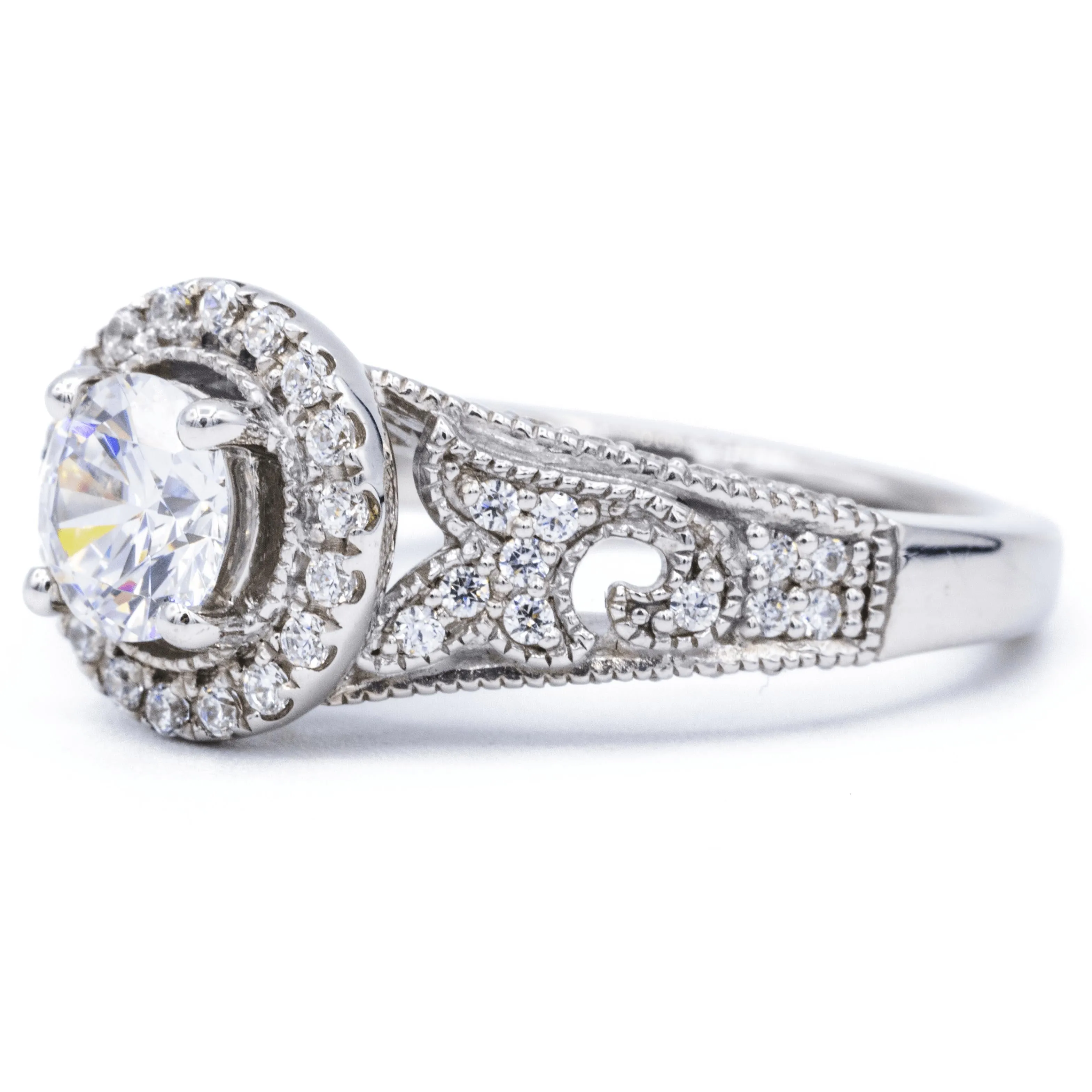 6.5mm Round Center 14K White Solid Gold Halo Milgrain Design Ring