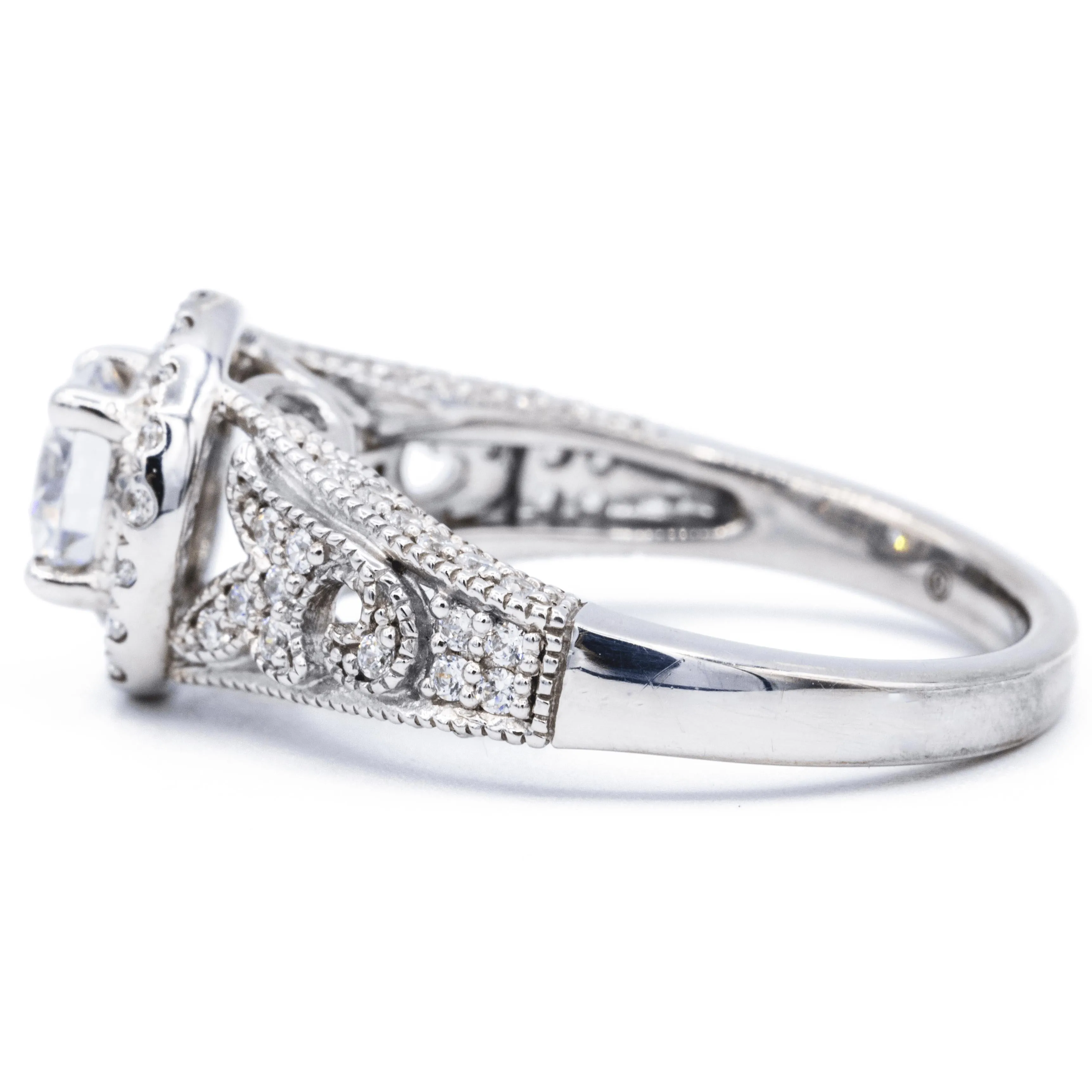 6.5mm Round Center 14K White Solid Gold Halo Milgrain Design Ring