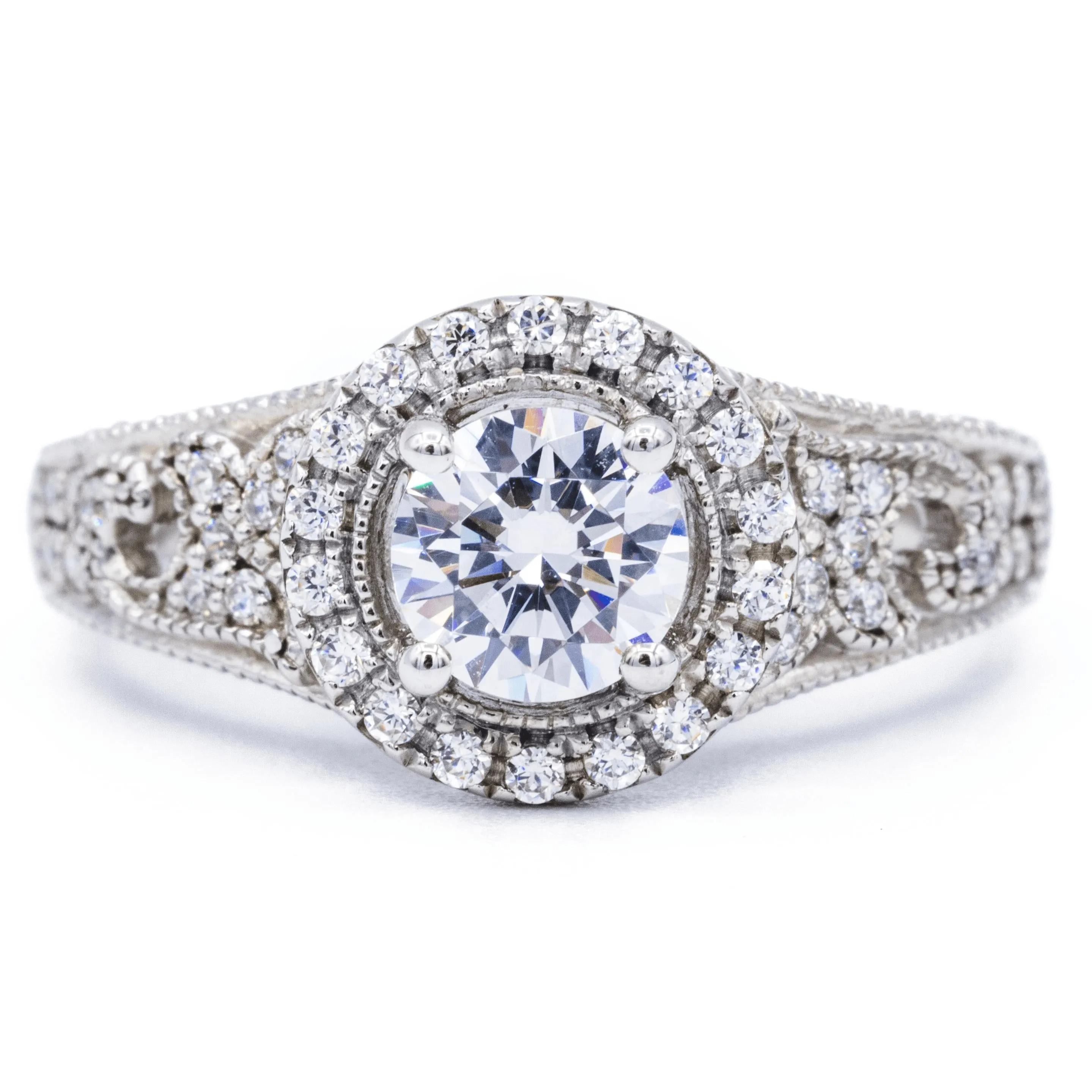 6.5mm Round Center 14K White Solid Gold Halo Milgrain Design Ring