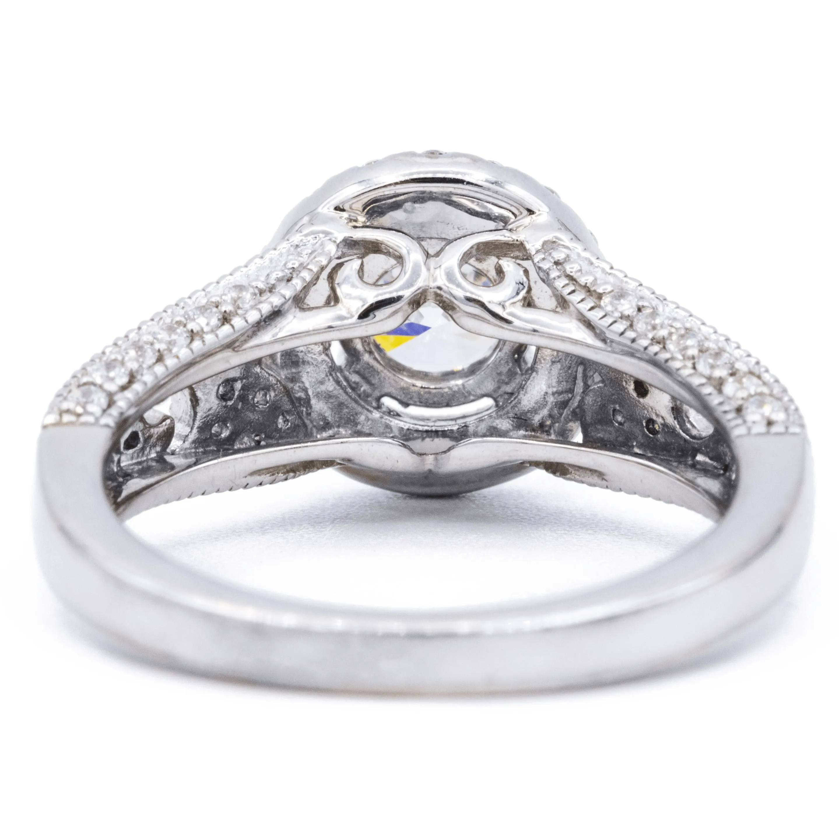 6.5mm Round Center 14K White Solid Gold Halo Milgrain Design Ring