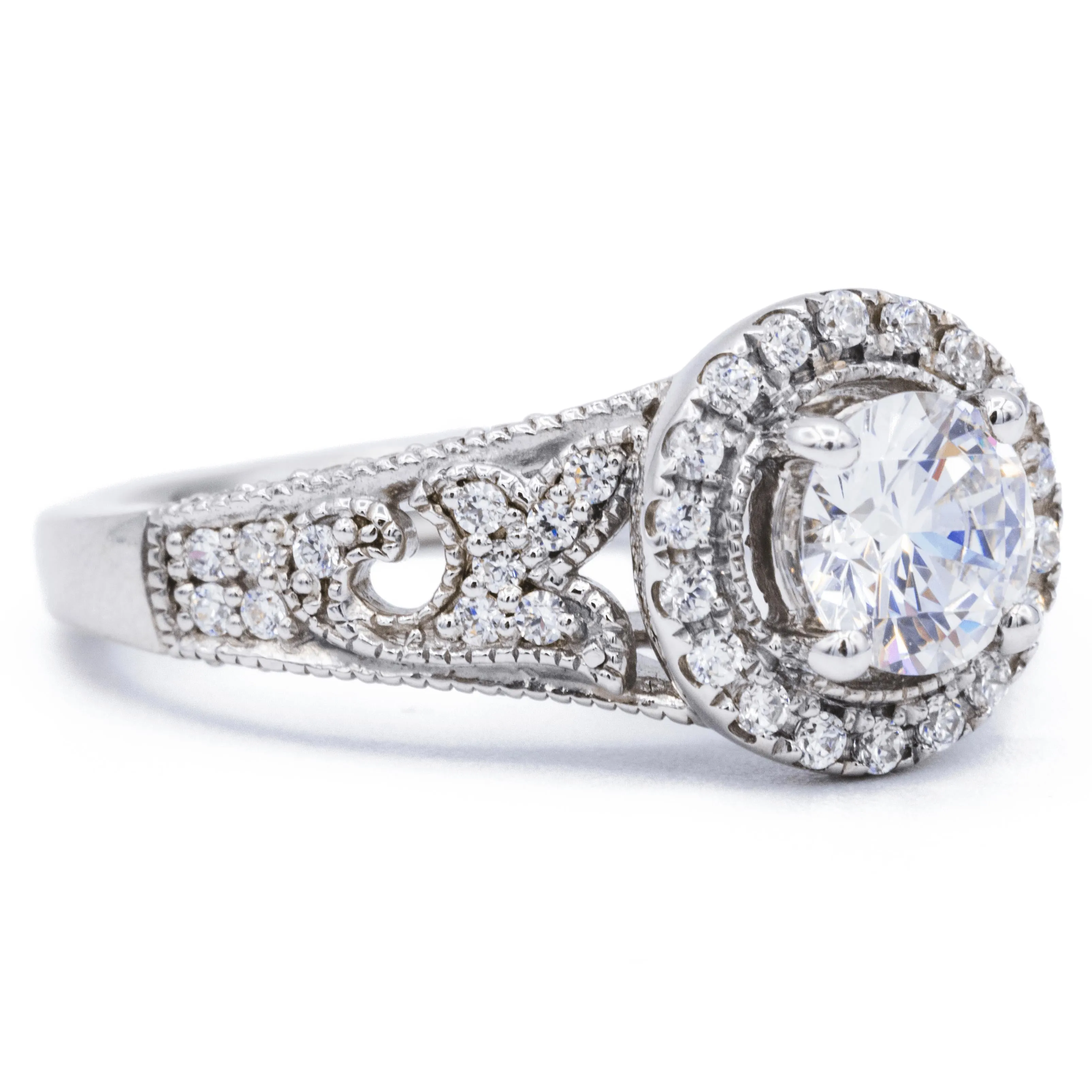 6.5mm Round Center 14K White Solid Gold Halo Milgrain Design Ring