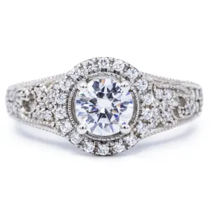 6.5mm Round Center 14K White Solid Gold Halo Milgrain Design Ring