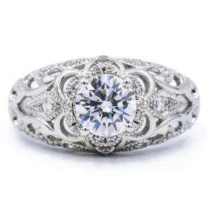 6.5mm Round Center 14K White Solid Gold Milgrain Floral Design Ring