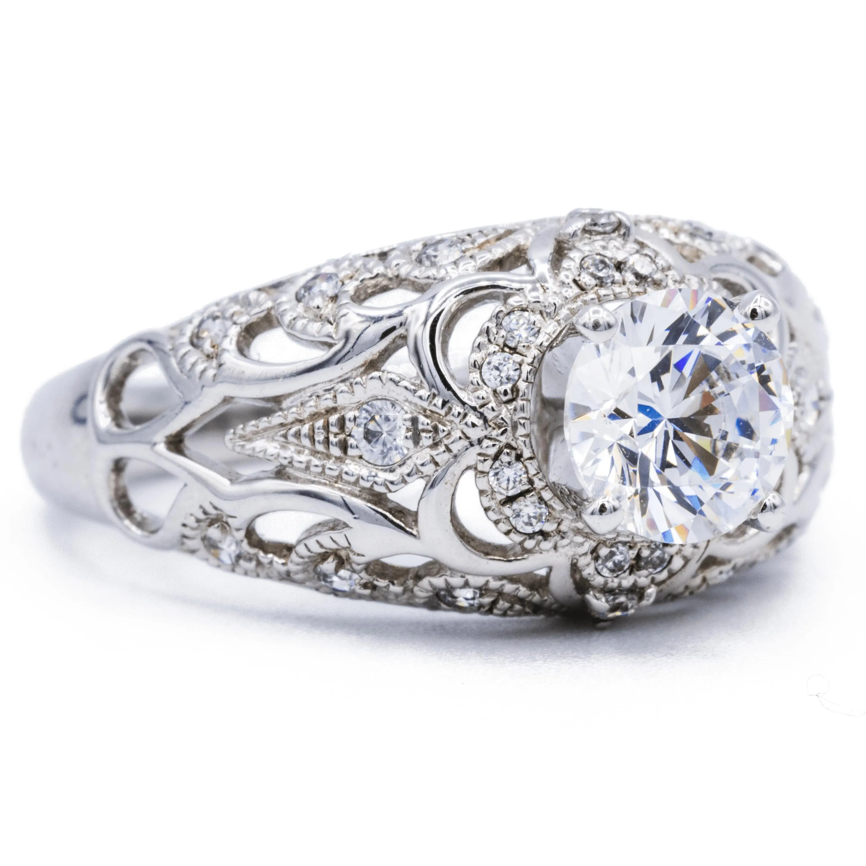 6.5mm Round Center 14K White Solid Gold Milgrain Floral Design Ring