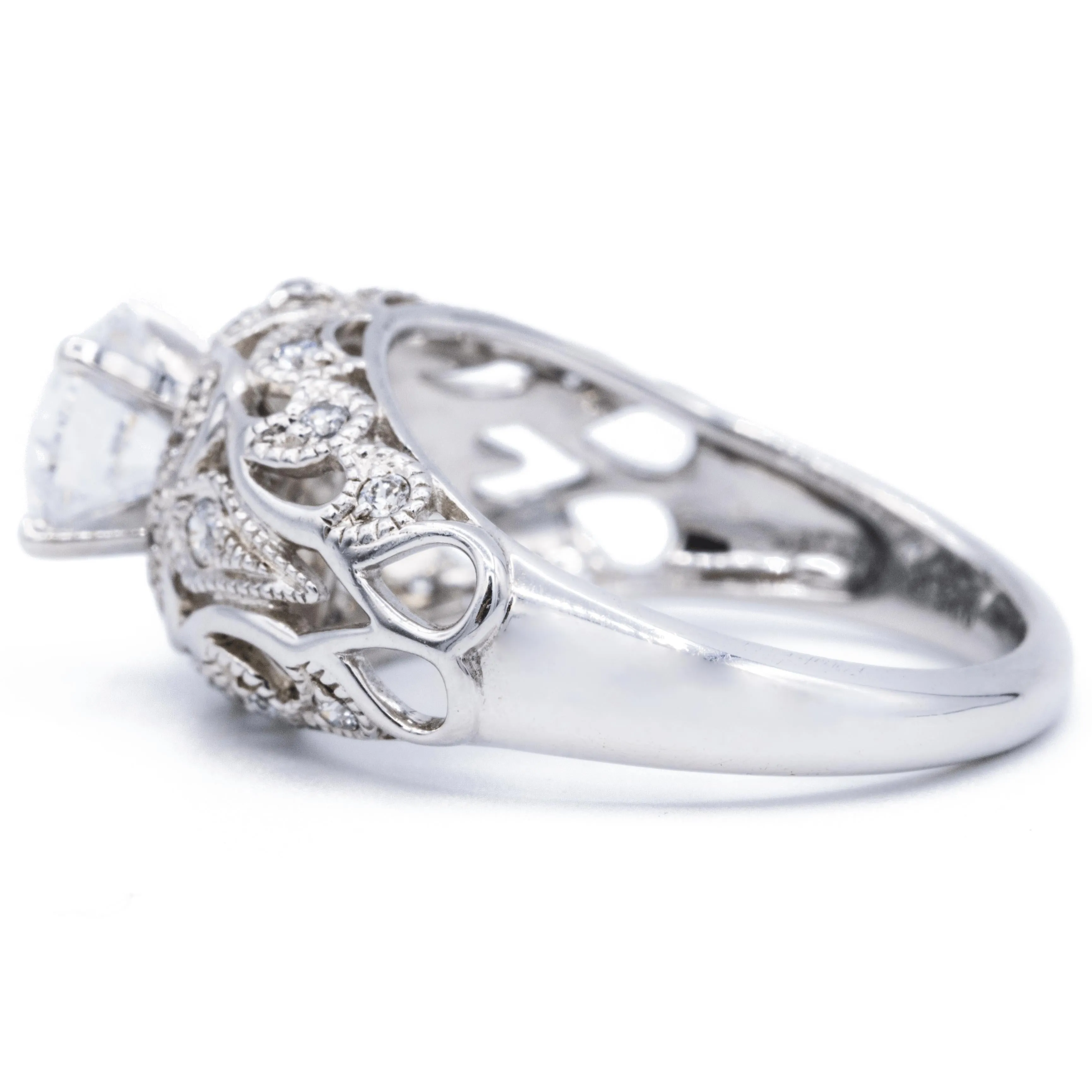 6.5mm Round Center 14K White Solid Gold Milgrain Floral Design Ring
