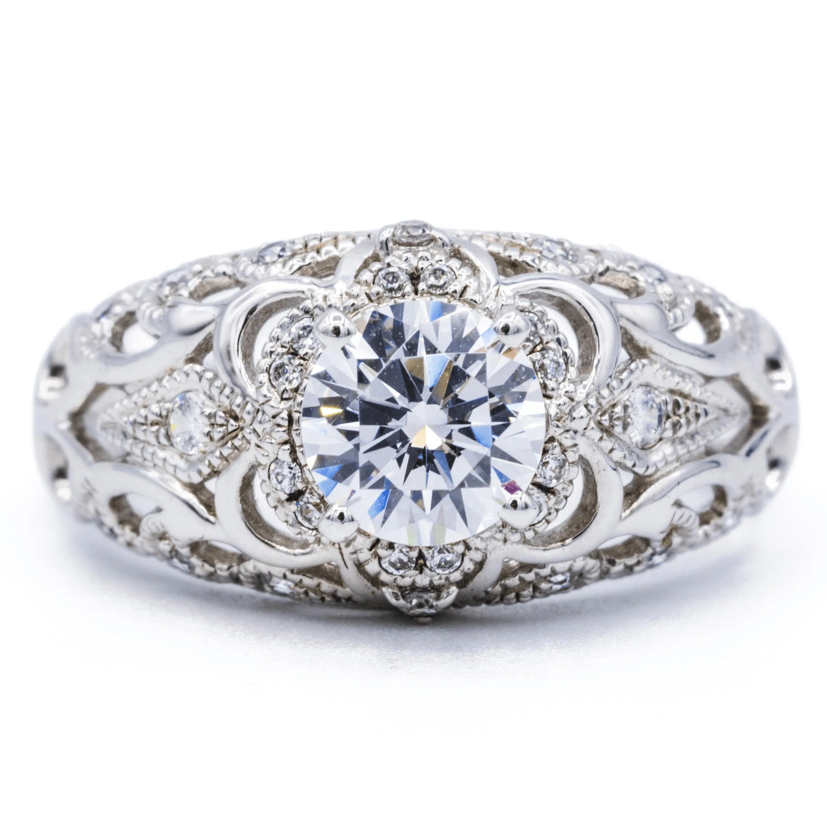 6.5mm Round Center 14K White Solid Gold Milgrain Floral Design Ring