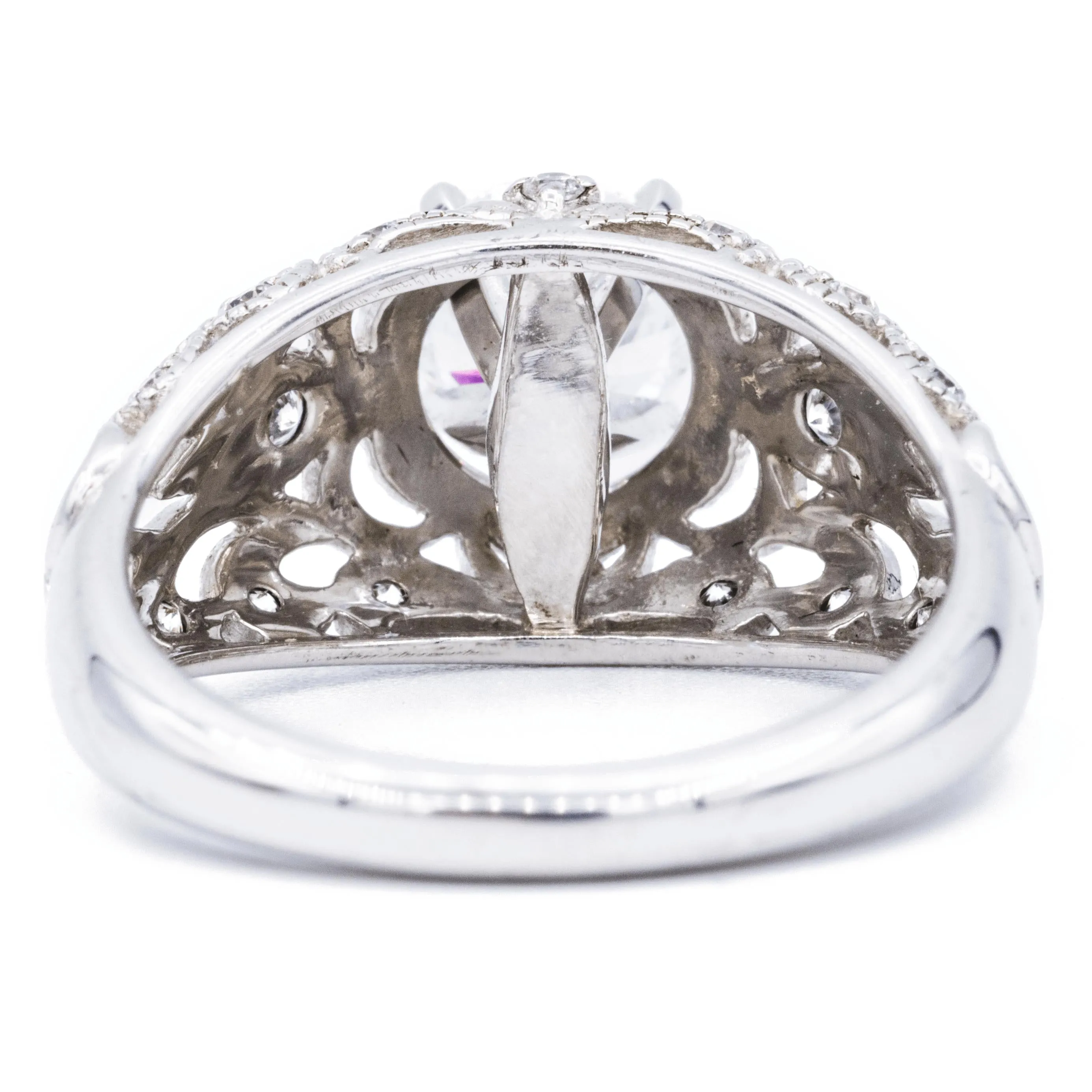 6.5mm Round Center 14K White Solid Gold Milgrain Floral Design Ring