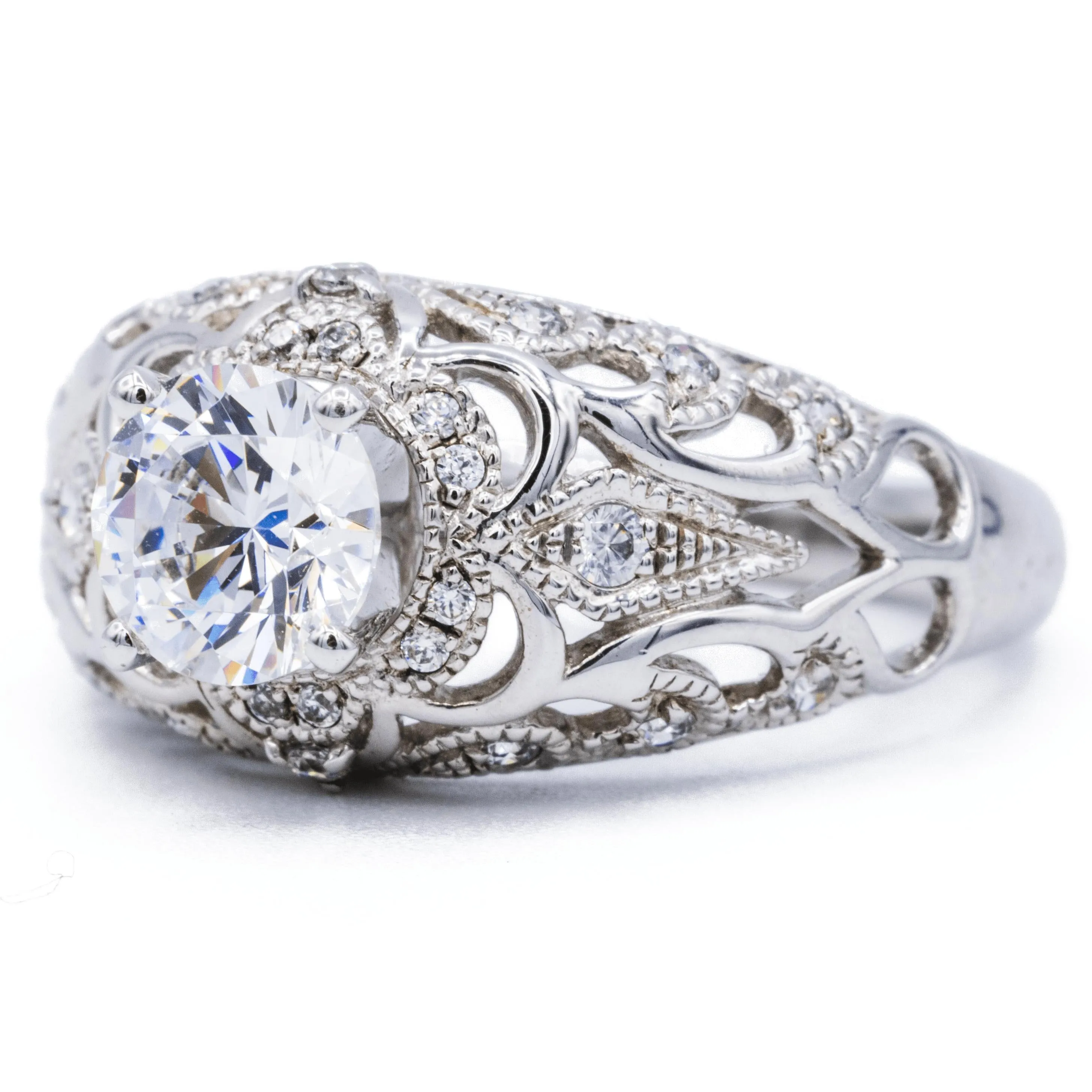 6.5mm Round Center 14K White Solid Gold Milgrain Floral Design Ring