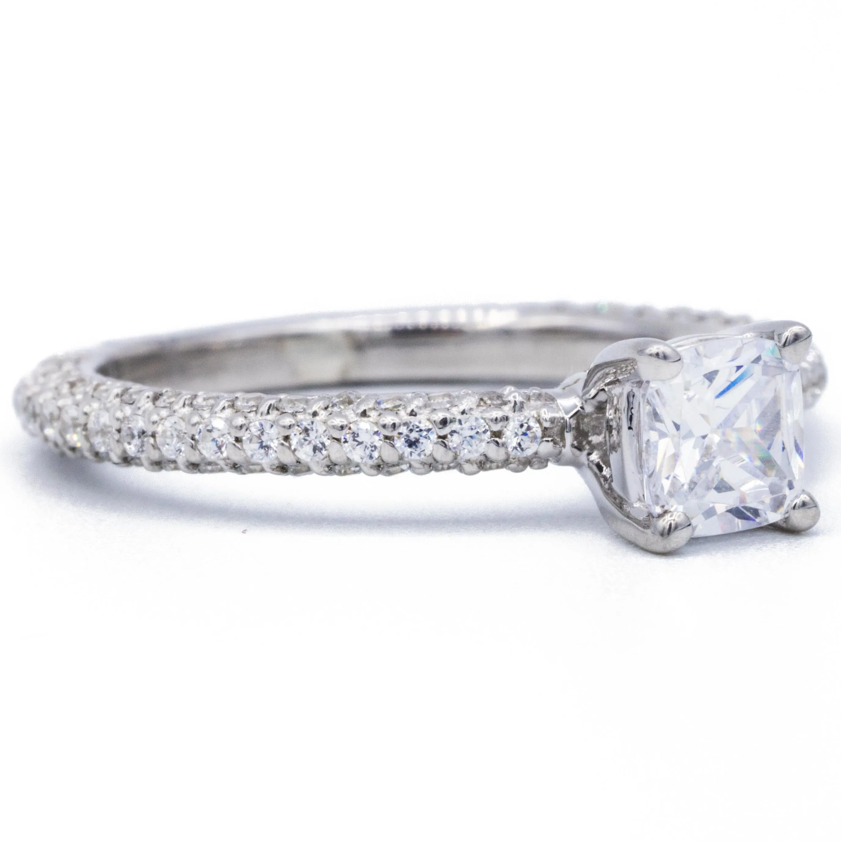 7.5mm Cushion Center 14K White Gold Diamond Shank Ring