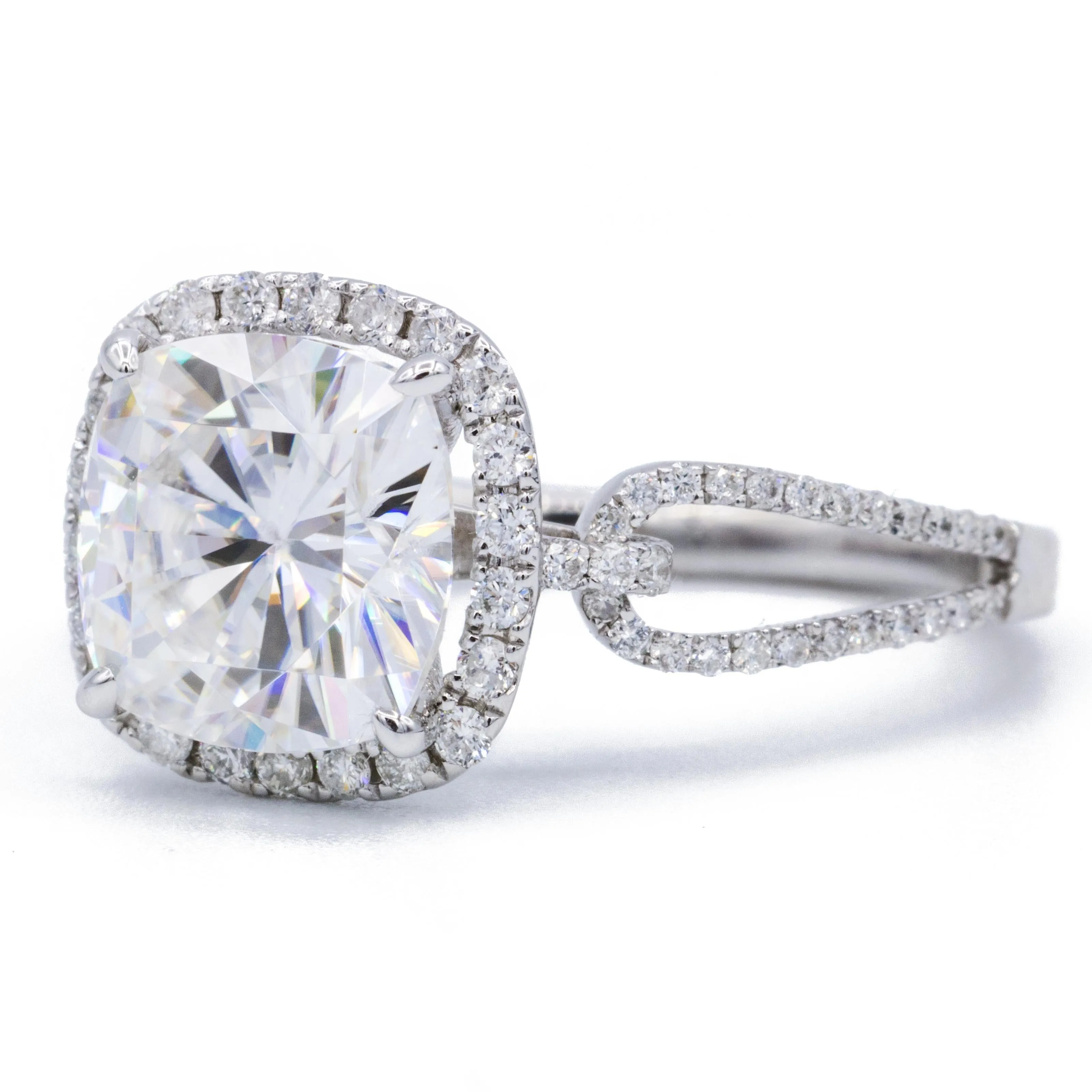 7.5mm Cushion Center 14K White Gold Halo Bow Tie Diamond Micro Pave Ring
