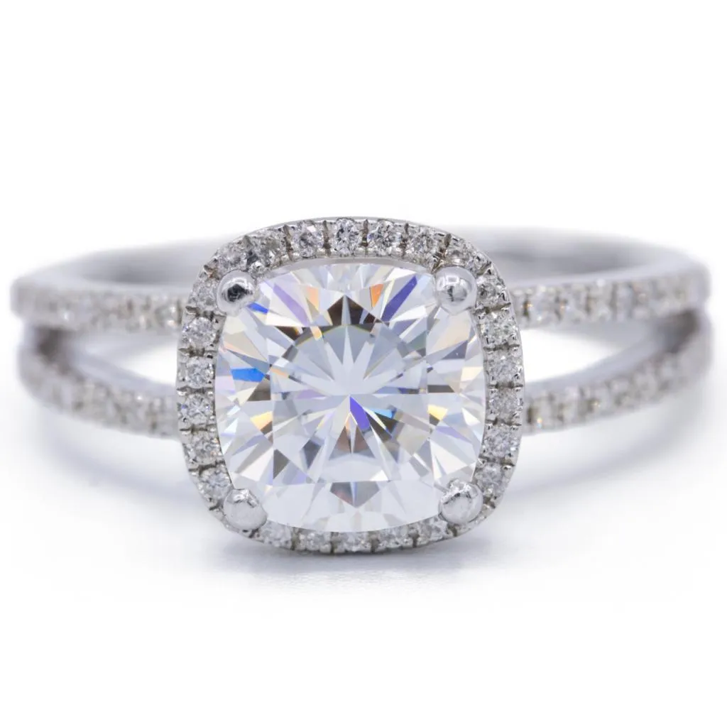 7.5mm Cushion Center 14KW Split Shank Diamond Accent Cushion Shaped Halo Ring