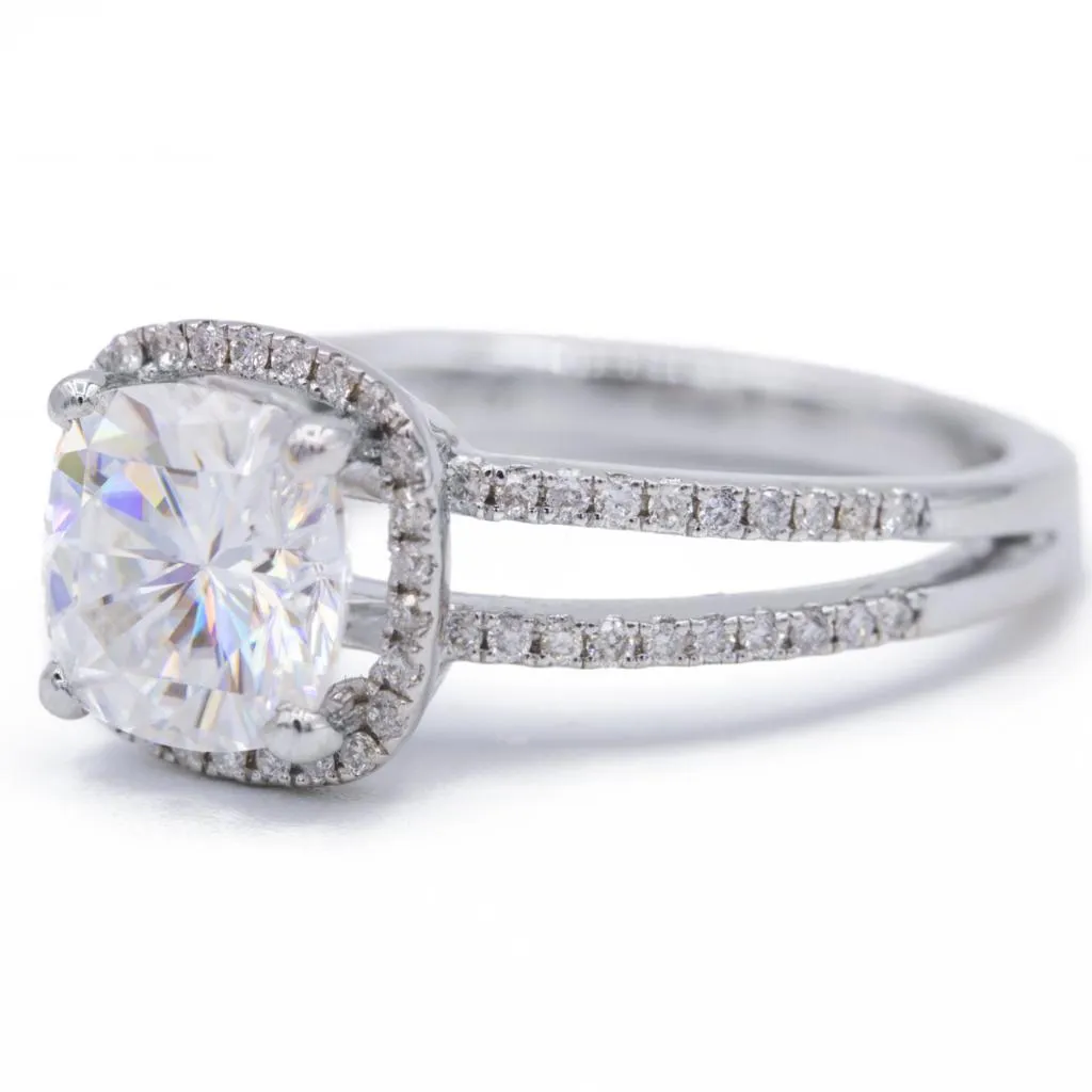 7.5mm Cushion Center 14KW Split Shank Diamond Accent Cushion Shaped Halo Ring