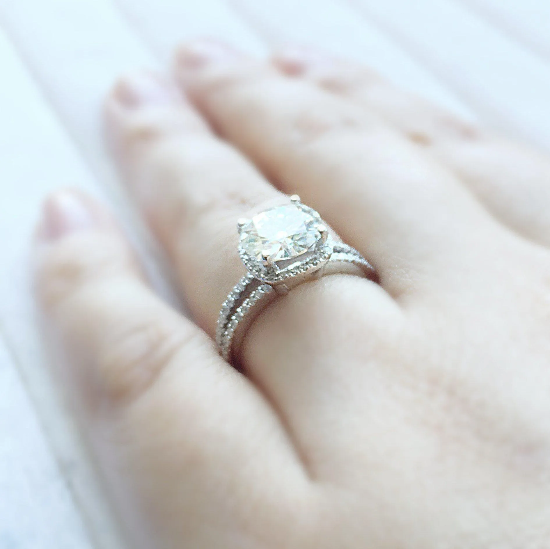 7.5mm Cushion Center 14KW Split Shank Diamond Accent Cushion Shaped Halo Ring