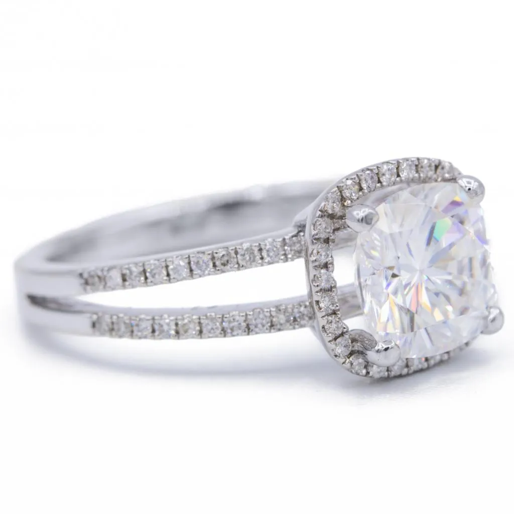 7.5mm Cushion Center 14KW Split Shank Diamond Accent Cushion Shaped Halo Ring