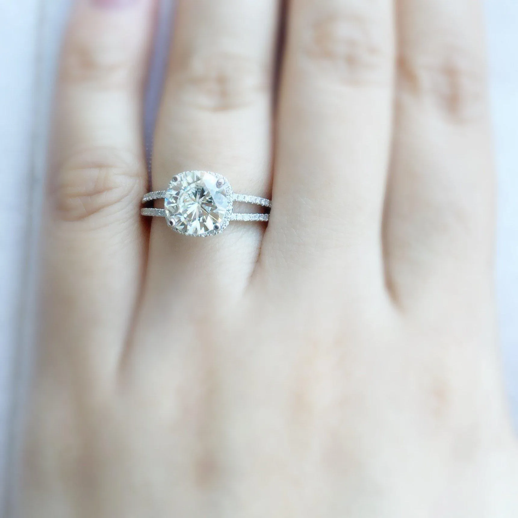 7.5mm Cushion Center 14KW Split Shank Diamond Accent Cushion Shaped Halo Ring