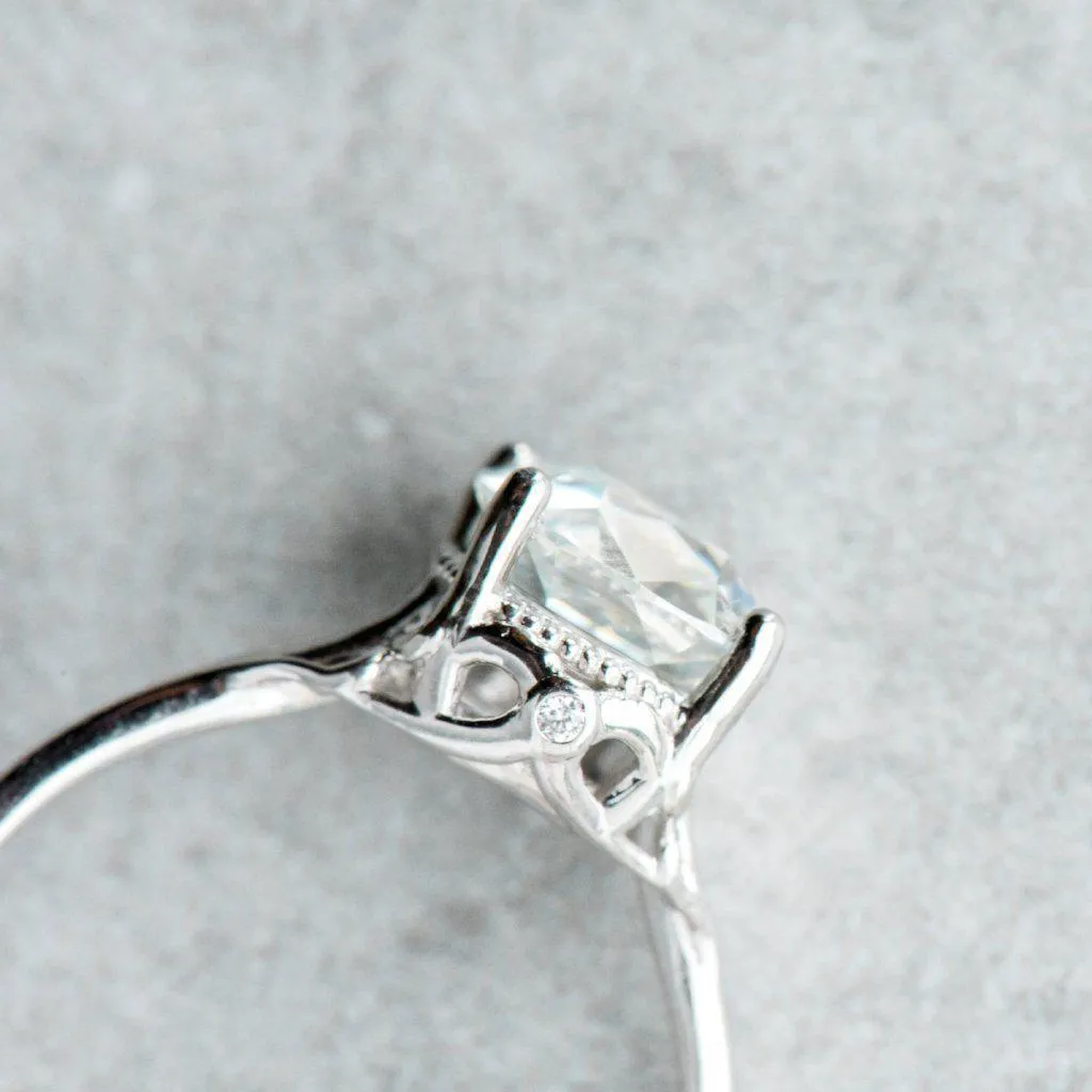 7.5mm Cushion Old Mine Cut (OMC) Heirloom Moissanite Jules Filigree Custom Bezel Diamond 14K White Gold Design