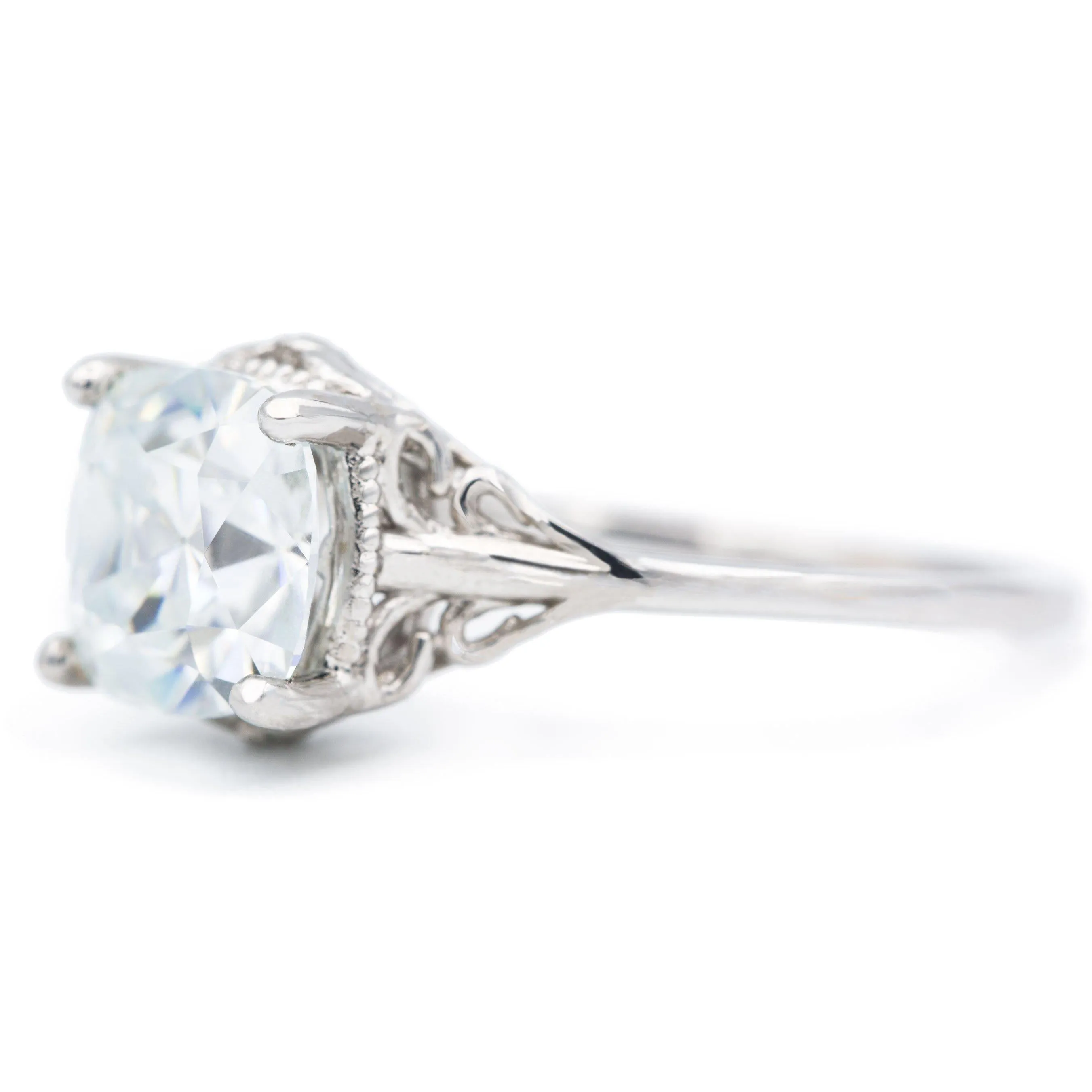 7.5mm Cushion Old Mine Cut (OMC) Heirloom Moissanite Jules Filigree Custom Bezel Diamond 14K White Gold Design