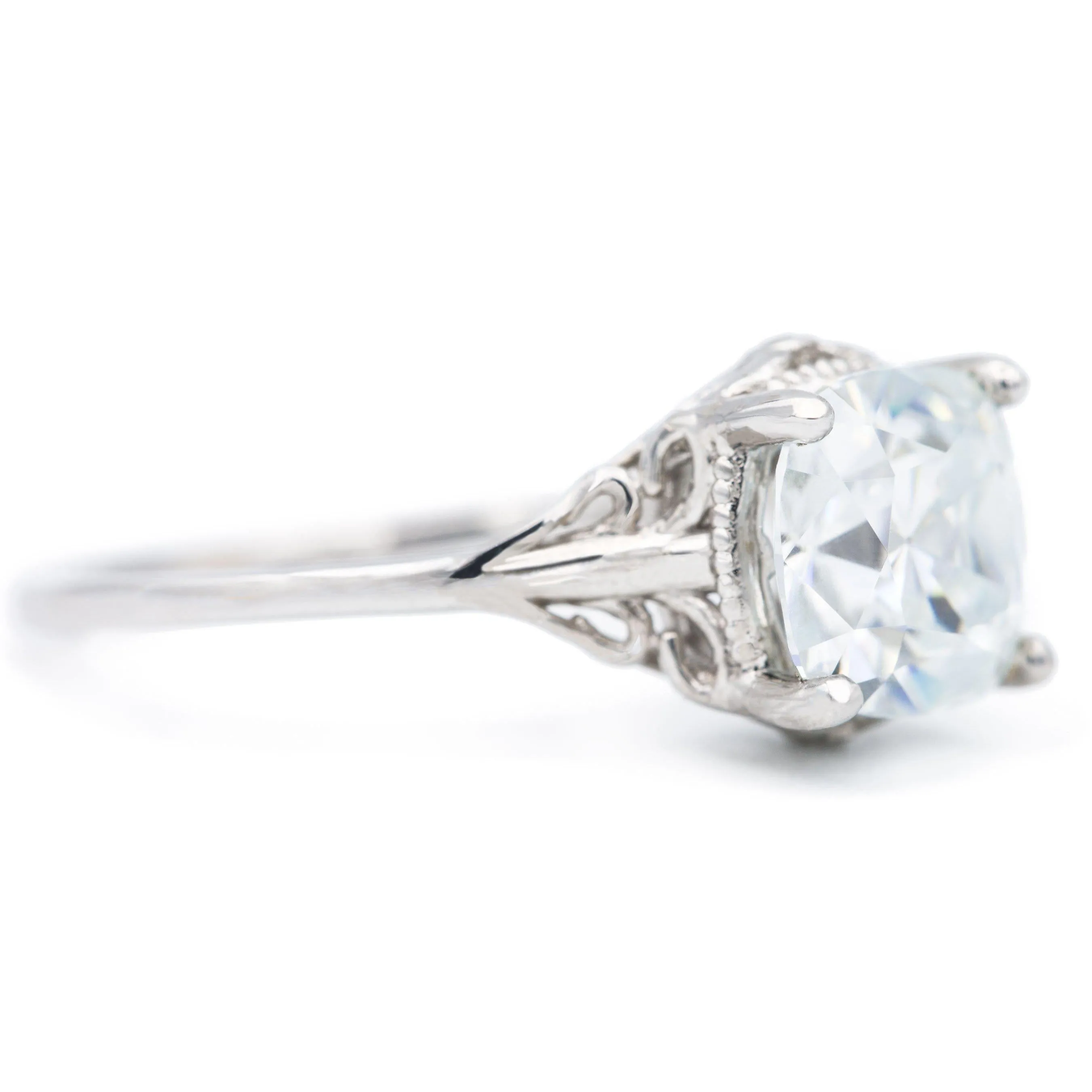 7.5mm Cushion Old Mine Cut (OMC) Heirloom Moissanite Jules Filigree Custom Bezel Diamond 14K White Gold Design