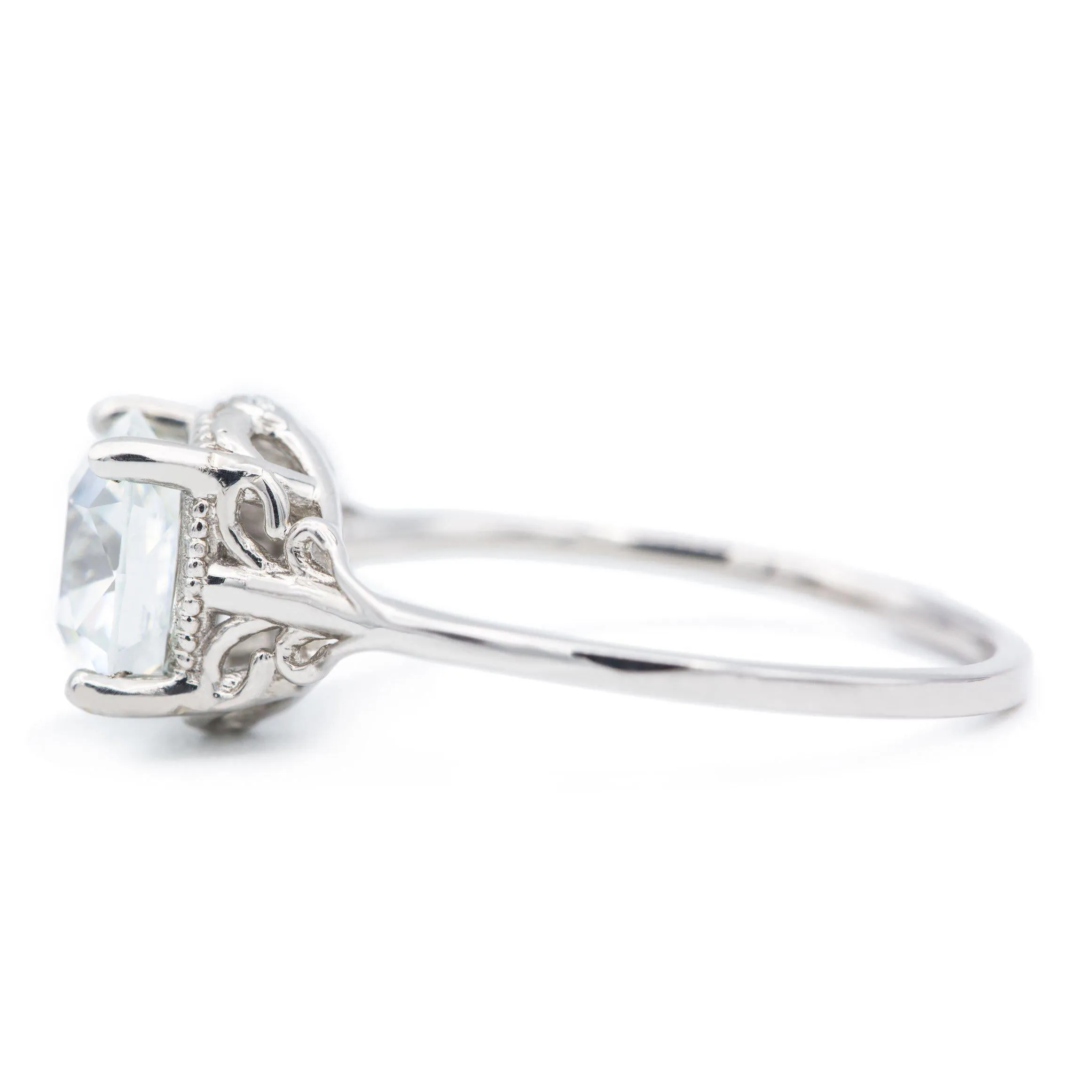 7.5mm Cushion Old Mine Cut (OMC) Heirloom Moissanite Jules Filigree Custom Bezel Diamond 14K White Gold Design