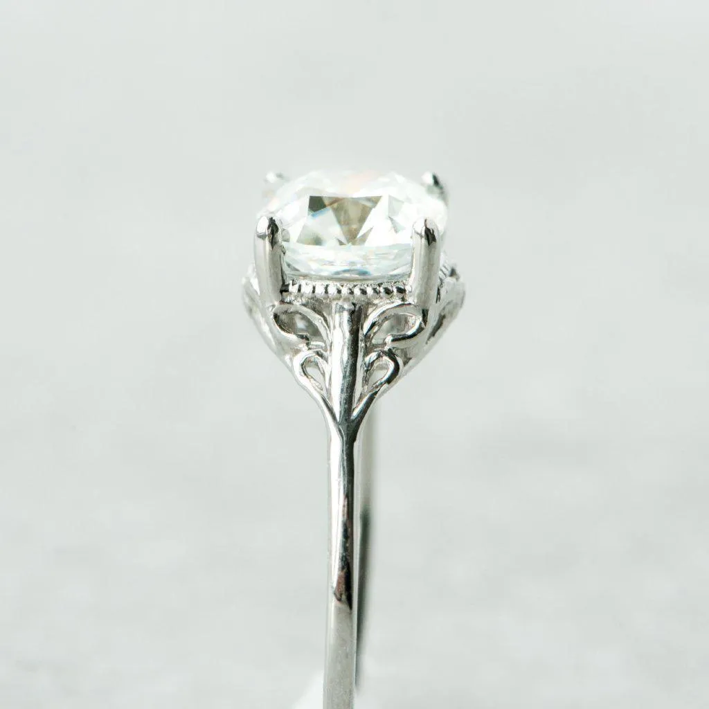 7.5mm Cushion Old Mine Cut (OMC) Heirloom Moissanite Jules Filigree Custom Bezel Diamond 14K White Gold Design