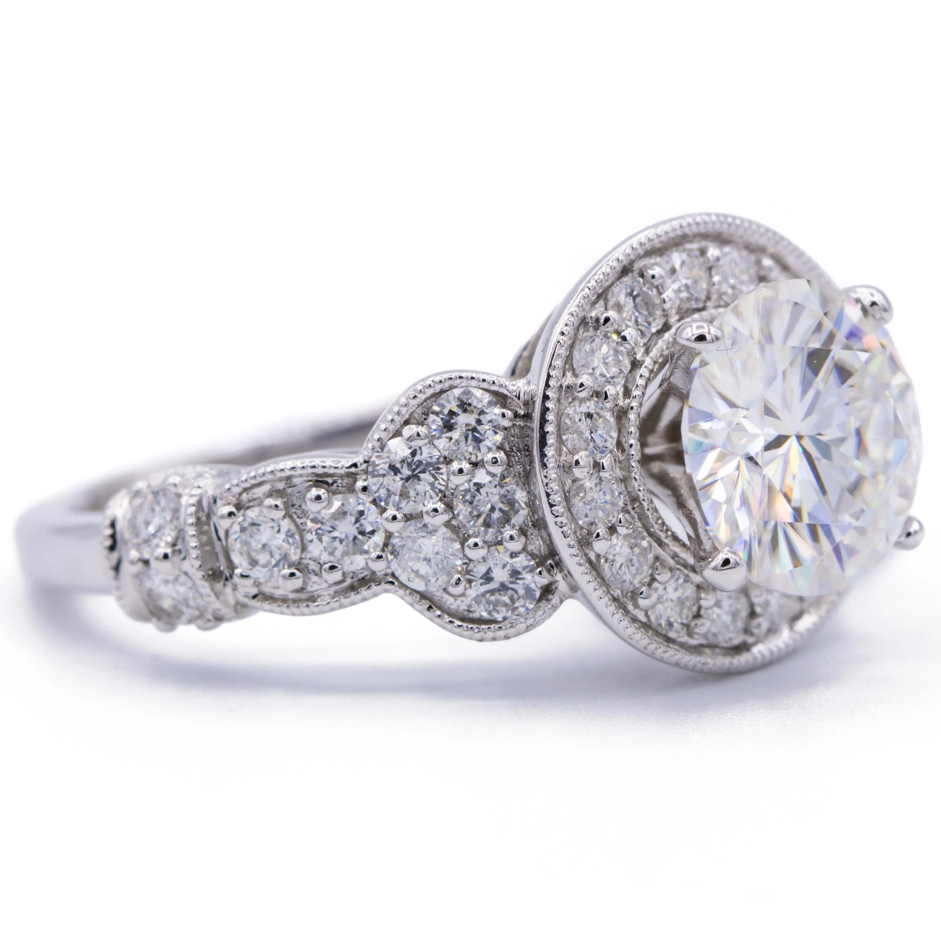 7.5mm Round Center 14K White Gold 4 Prong Halo Filigree Design